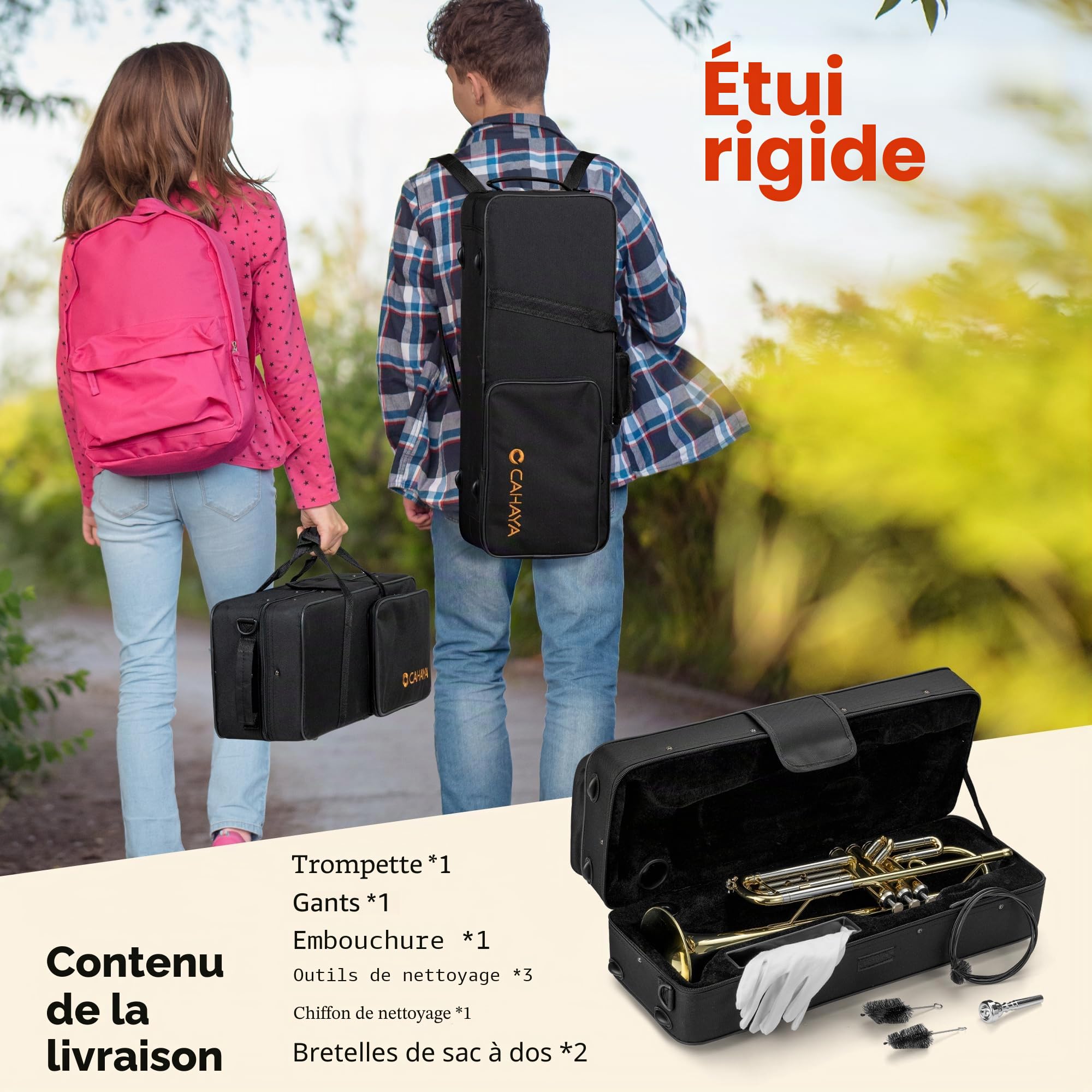 CAHAYA Ensemble de trompette Sib pour étudiant et débutant en laiton avec étui rigide, gants et embouchure