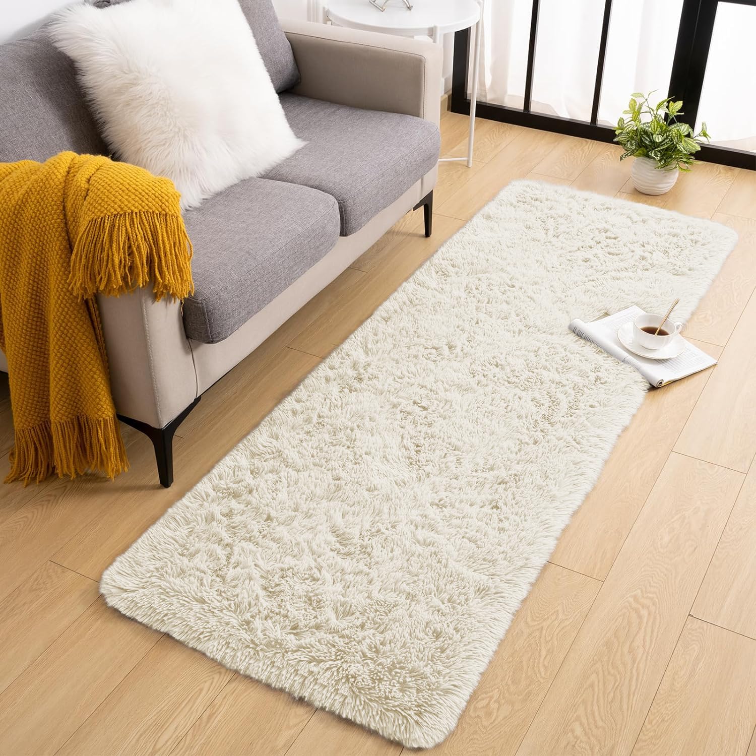 BedLooms Rugs Living Room Hallway Runner 80x300 cm – Cream Area Rugs for Bedroom Anti Slip – Modern Super Soft Plush Carpets Fluffy Shaggy Rug for Lounge – Non Shedding Bedside Rug for Kids Room — image 1
