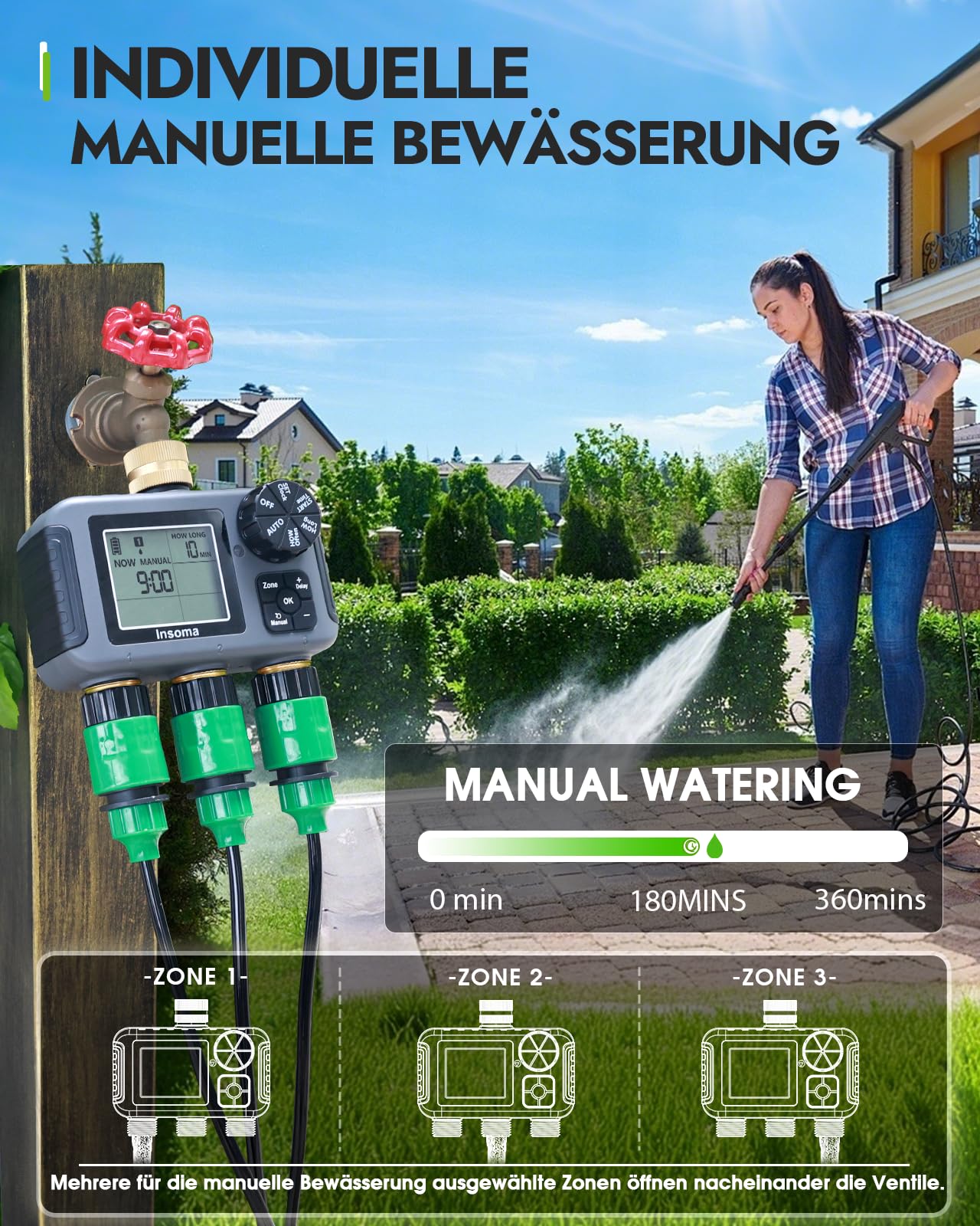 Insoma Orologio di irrigazione a 3 zone, ingresso e uscita in ottone + IPX5 impermeabile, irrigazione automatica/manuale, ritardo della pioggia e grande display, timer per rubinetto da giardino, prato