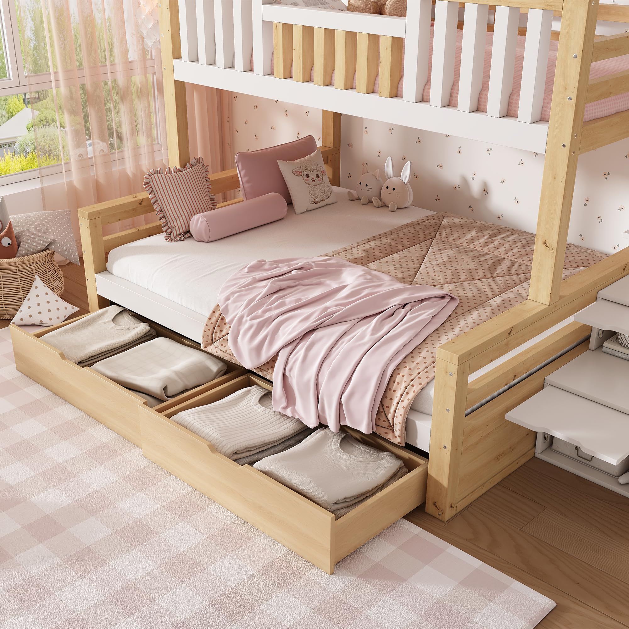 Shye Litera de madera con escalera, 2 cajones, techo a dos aguas, cama familiar, color blanco y roble (sin colchón)