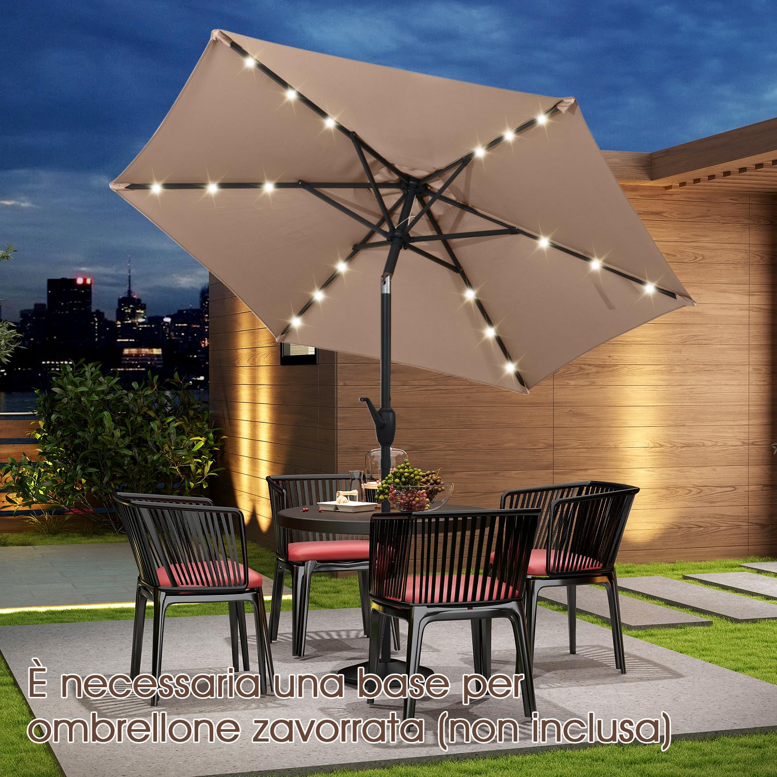 COSTWAY Ombrellone da Giardino 230 cm, Ombrello per Esterni con inclinazione Regolabile, 18 Luci LED, Manovella e Tettuccio Ventilato, Ombrello per Giardino, Cortile, Piscina (Marrone)