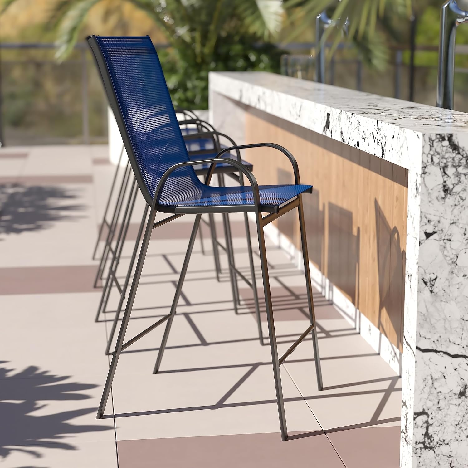 Flash Furniture 4 Pack Brazos Series Navy Outdoor Barstools with Flex Comfort Material and Metal Frame