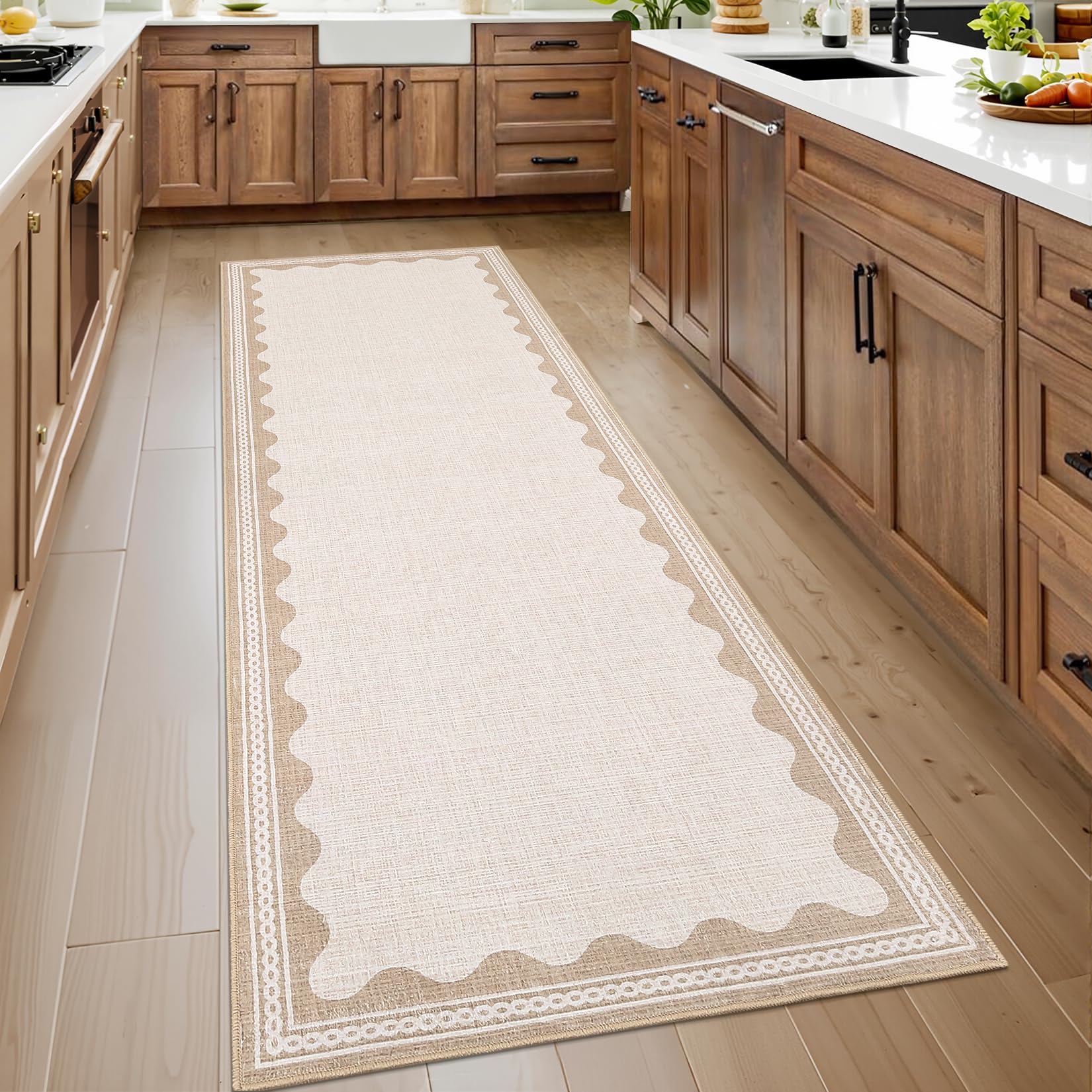 GarveeHome Scalloped 2x6 Runner Rug for Hallway Washable Kitchen Rugs Non Slip Solid Beige Modern Soft Low-Pile Indoor Carpet for Entryway Laundry