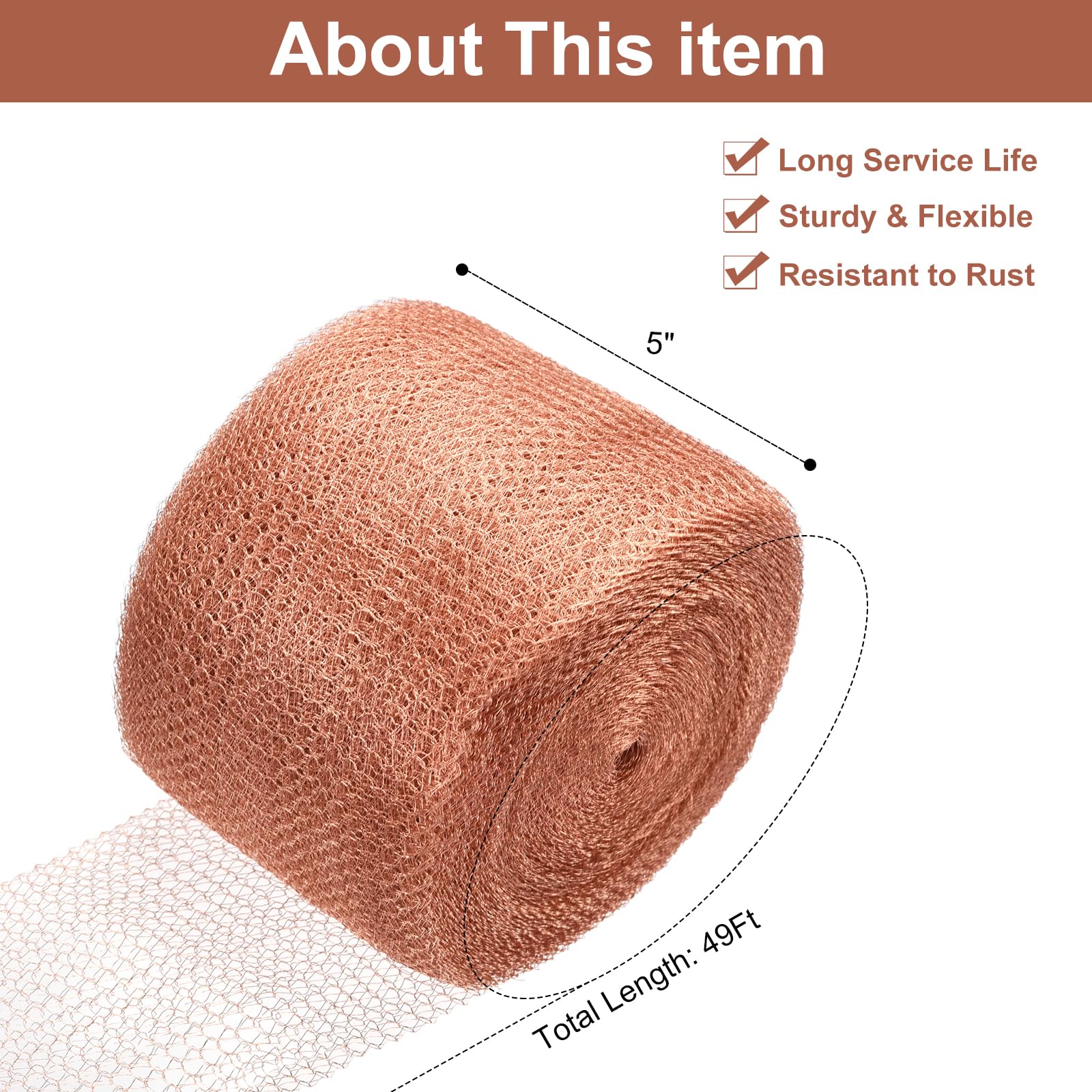 Uxcell Copper Mesh 5 Inches x 49 Feet, Copper Mesh Roll for Hole Filler Distilling, Fabric DIY Kit, Pure 100% Copper Roll - Image 2