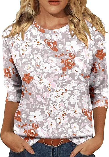 KISSMODA Tunic Tops for Women Loose Fit Dressy Round Neck Pleated 3/4 Length Sleeve Spring Tops