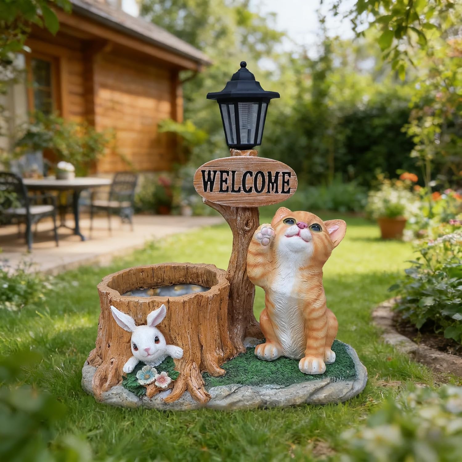 20" Solar Cat Garden Statue with Welcome Sign & Planter - Large Cat Sculpture with LED Street Lantern - Weatherproof Resin Decorative Flower Pot for Porch, Yard & Patio - Pet Lover Gift