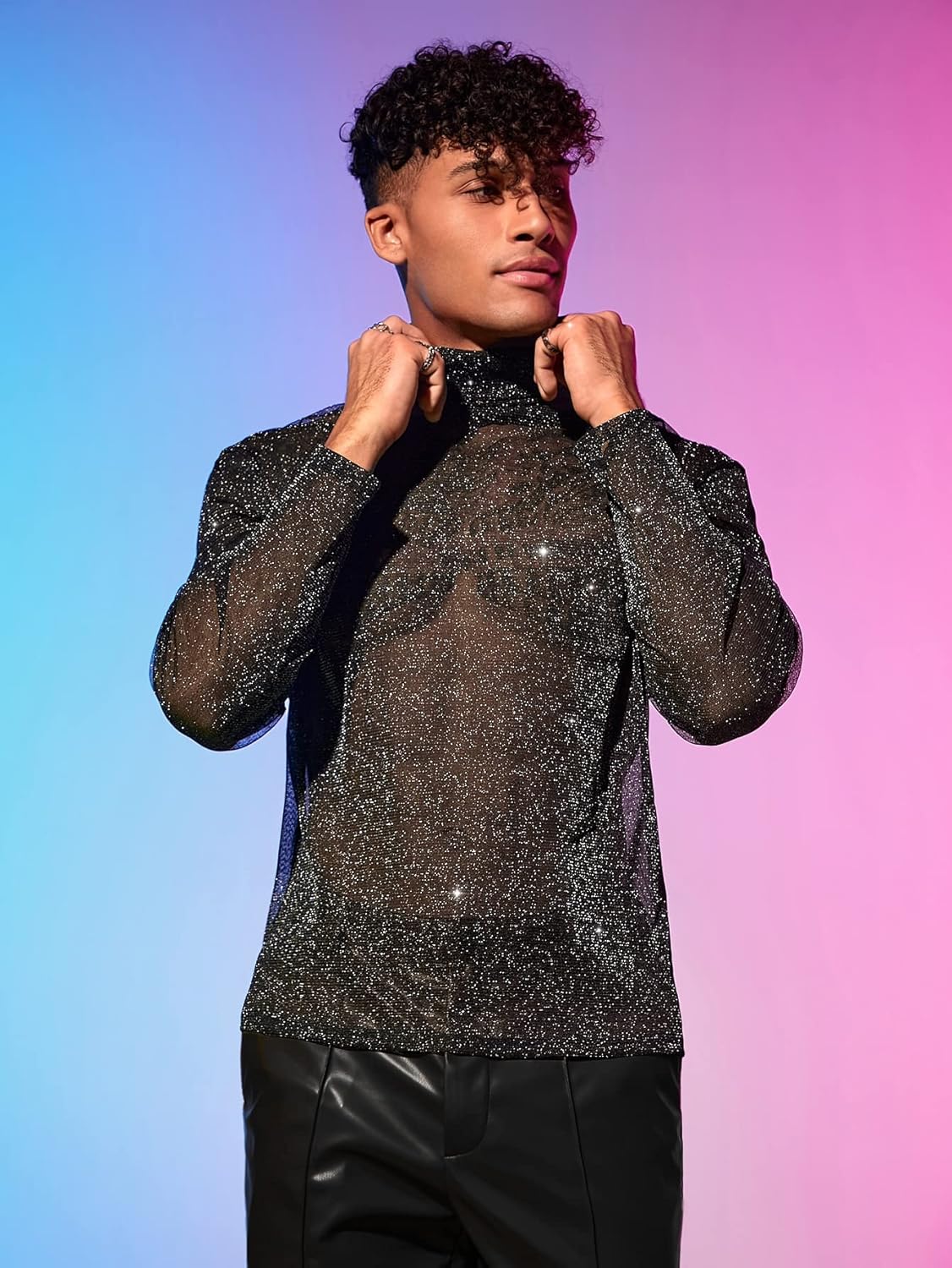 WDIRARA Men's Glitter Mesh Sheer Turtle Neck Long Sleeve See Throught Tee Tops Partywear - Image 4