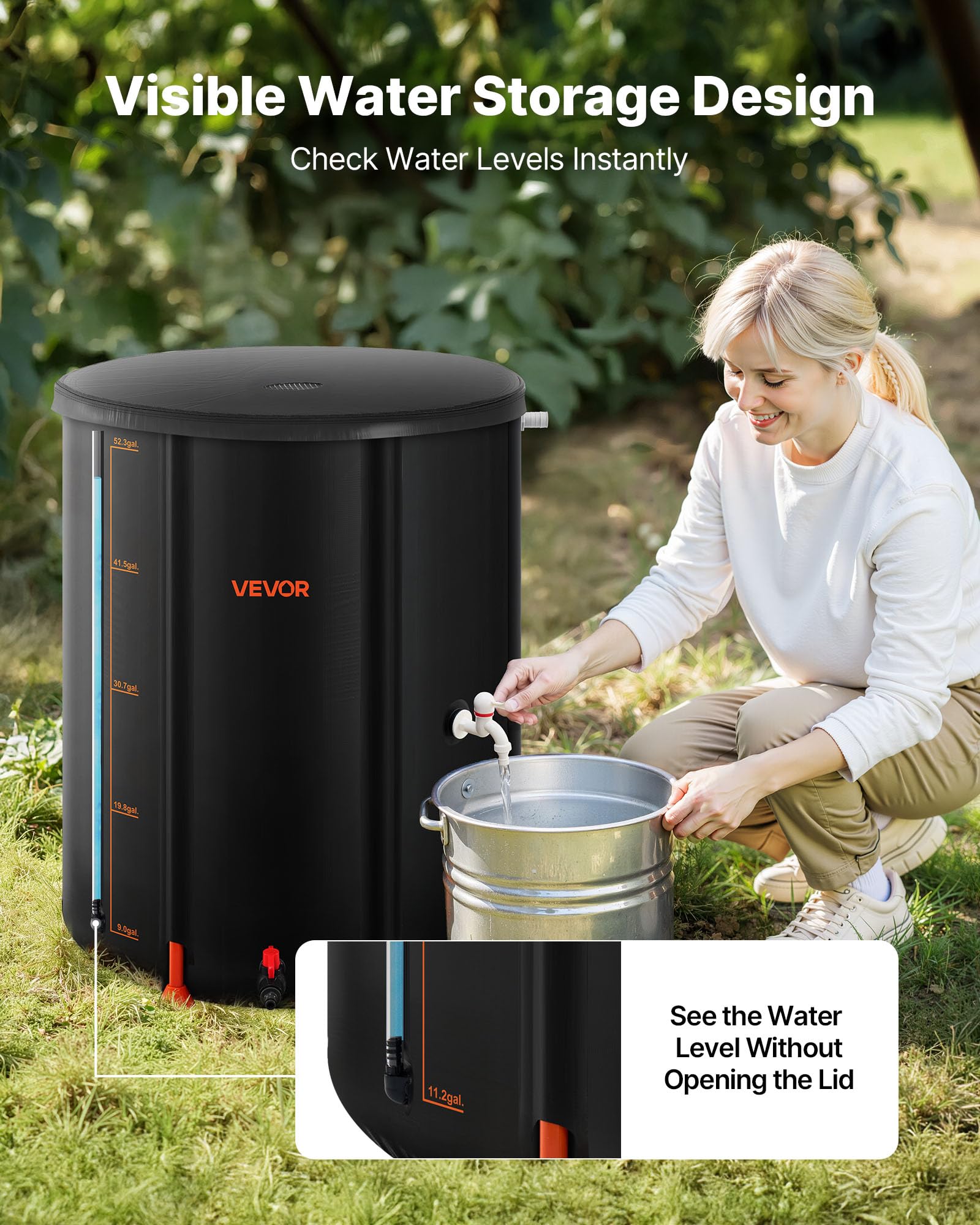 VEVOR Barril de Lluvia Plegable, Barril Portátil de 201 L de PVC 1000D para Recolección de Agua de Lluvia, Contenedor de Almacenamiento de Agua para Jardín con Grifo y Kit de Desbordamiento, Negro
