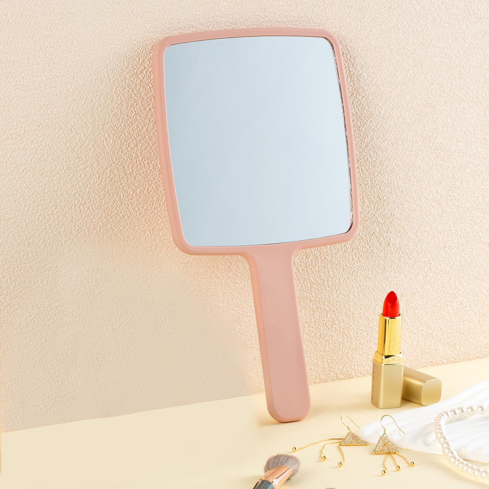 Handspiegel, Handspiegel mit Griff für Make-up, tragbarer niedlicher Handspiegel für Rasieren, Reisen, Männer und Frauen (Rosa)