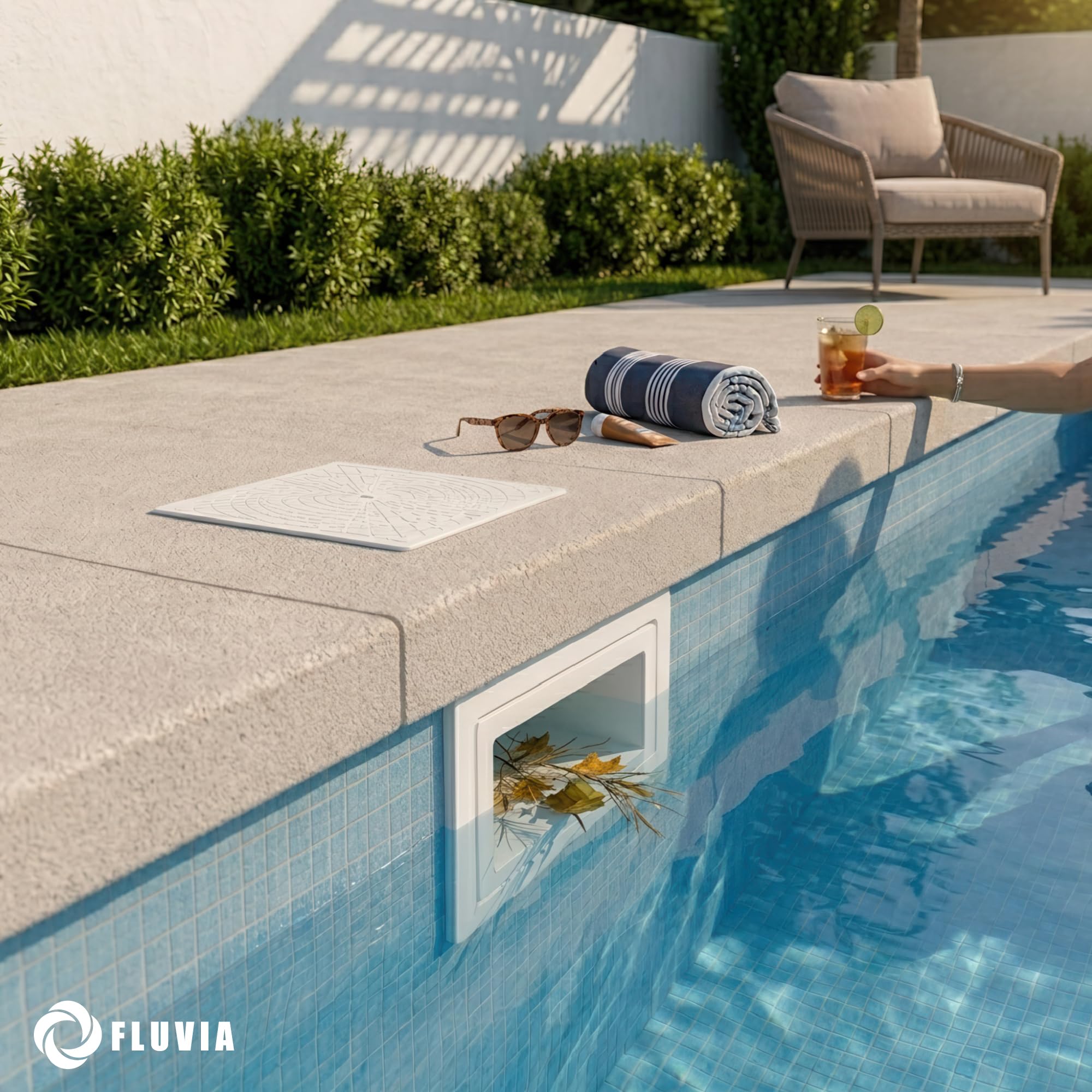 FLUVIA Skimmer Tapa Cuadrada Piscina Hormigon 15L con Cestillo Recogehojas de Gran Capacidad y Compuerta Flotante con ABS Blanco Resistente UV y Conexion Universal para Piscinas