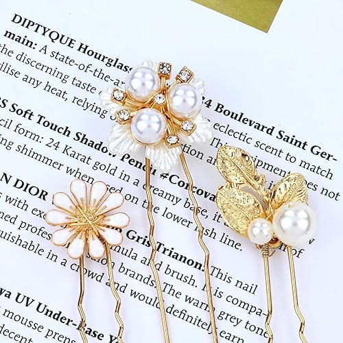 Miniatura 7 de inSowni 12 piezas de horquillas de metal dorado en forma de U para boda, hojas de perlas, diamantes de imitación, flores y diamantes de imitación,