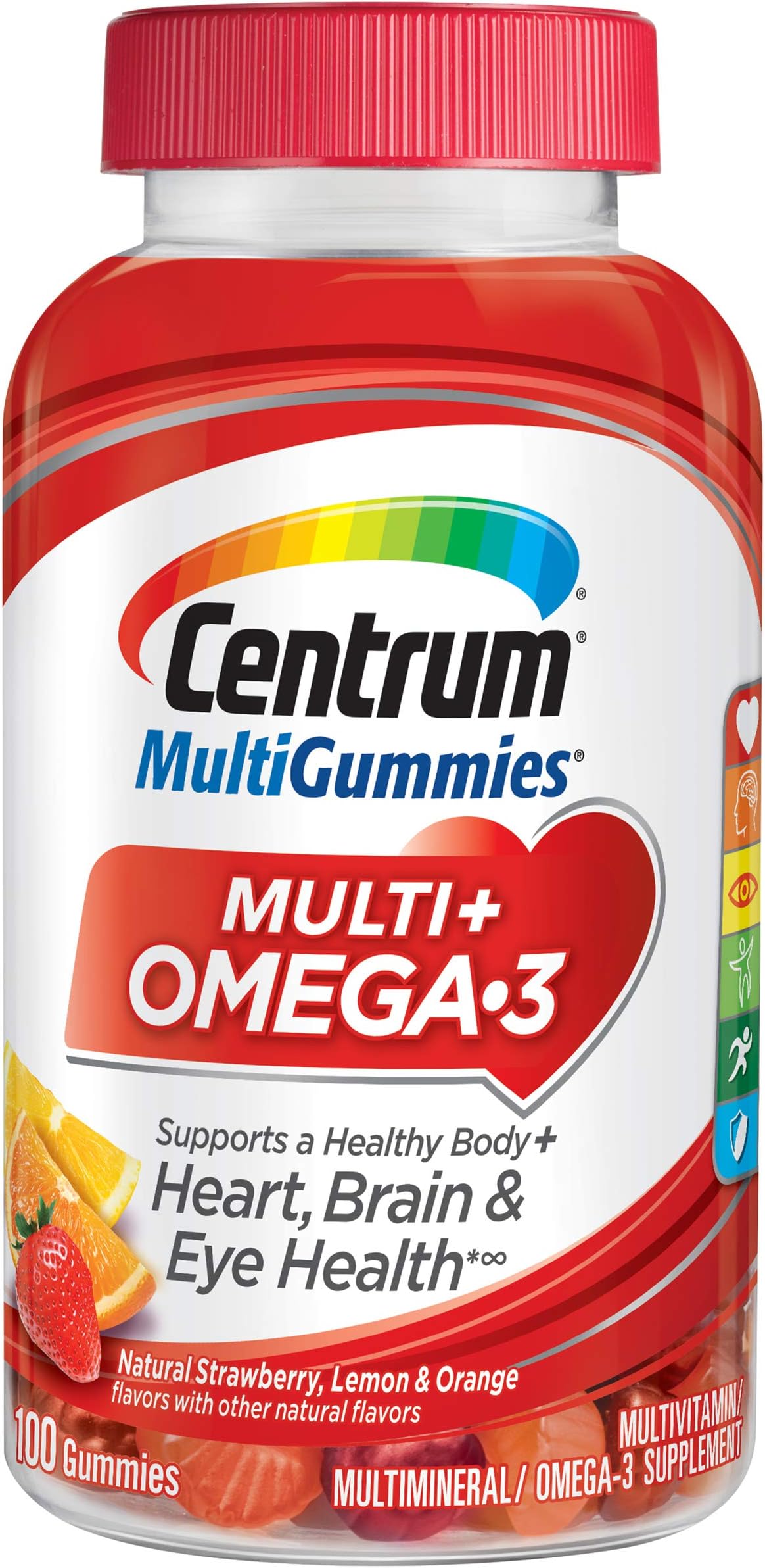 Centrum MultiGummies Multi + Omega-3 Natural Strawberry, Lemon, Orange Flavors Multivitamin/Multimineral Supplement Gummy, 100 Count