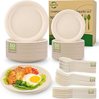 Compostable Paper Plates Set 250Pcs Heavy-Duty Disposable Plate And Utensil Biodegradable Dinnerware For Party Sugarcane Plates, Extra Long Forks & Knives & Spoons For 50 People, Brown