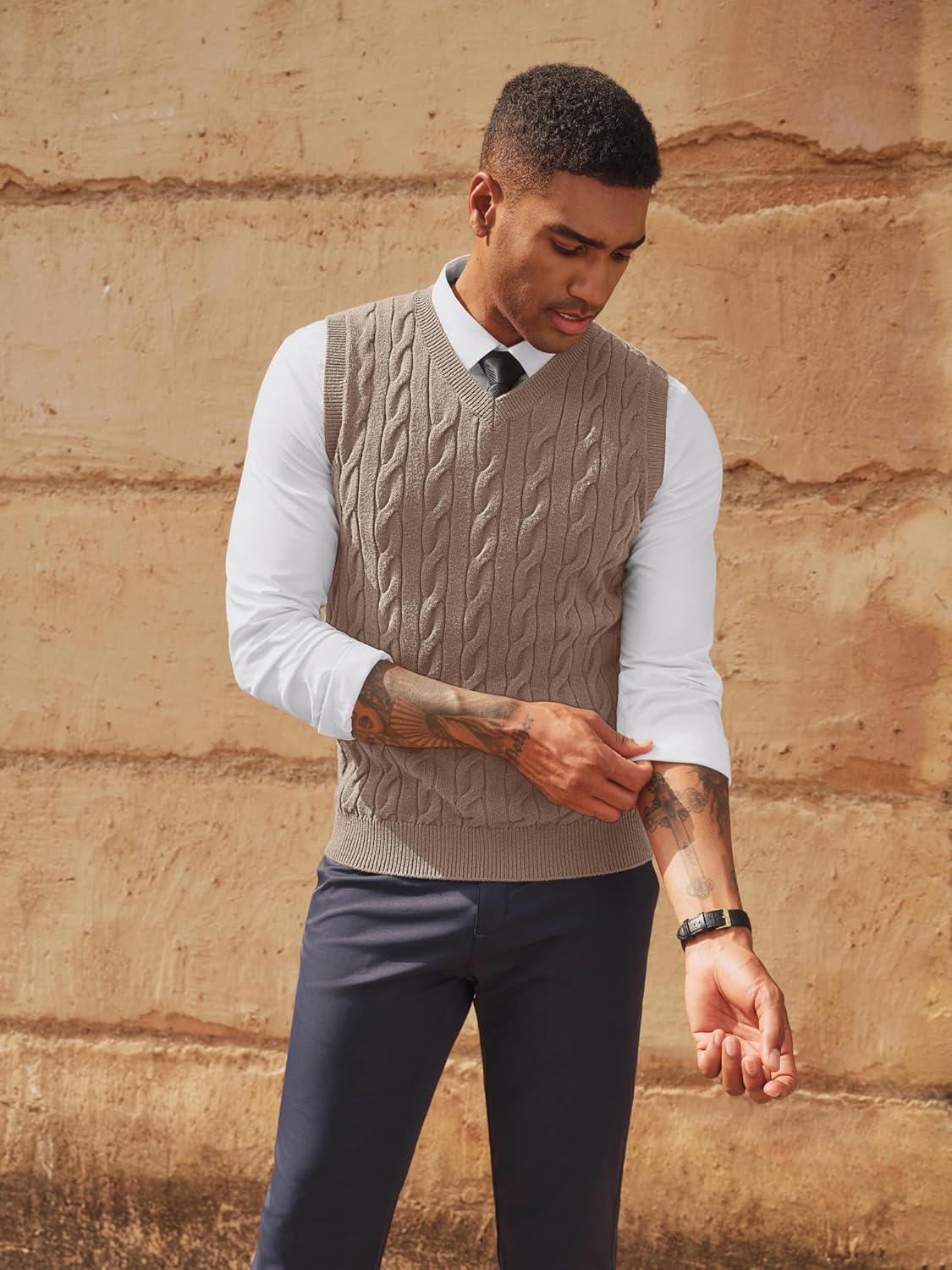 PJ PAUL JONES Men's Sweater Vests V Neck Cable Twist Knit Sleeveless Vests Casual Pullover Sweater - Image 3