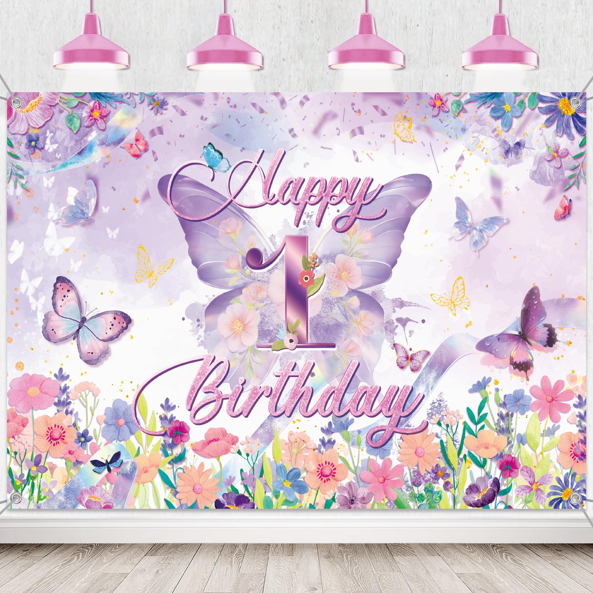 Butterfly 1st Birthday Banner Decorations - Purple Butterfly Birthday Backdrop for Girls, 5 x 3.6ft Fabric Photo Background Party Supplies