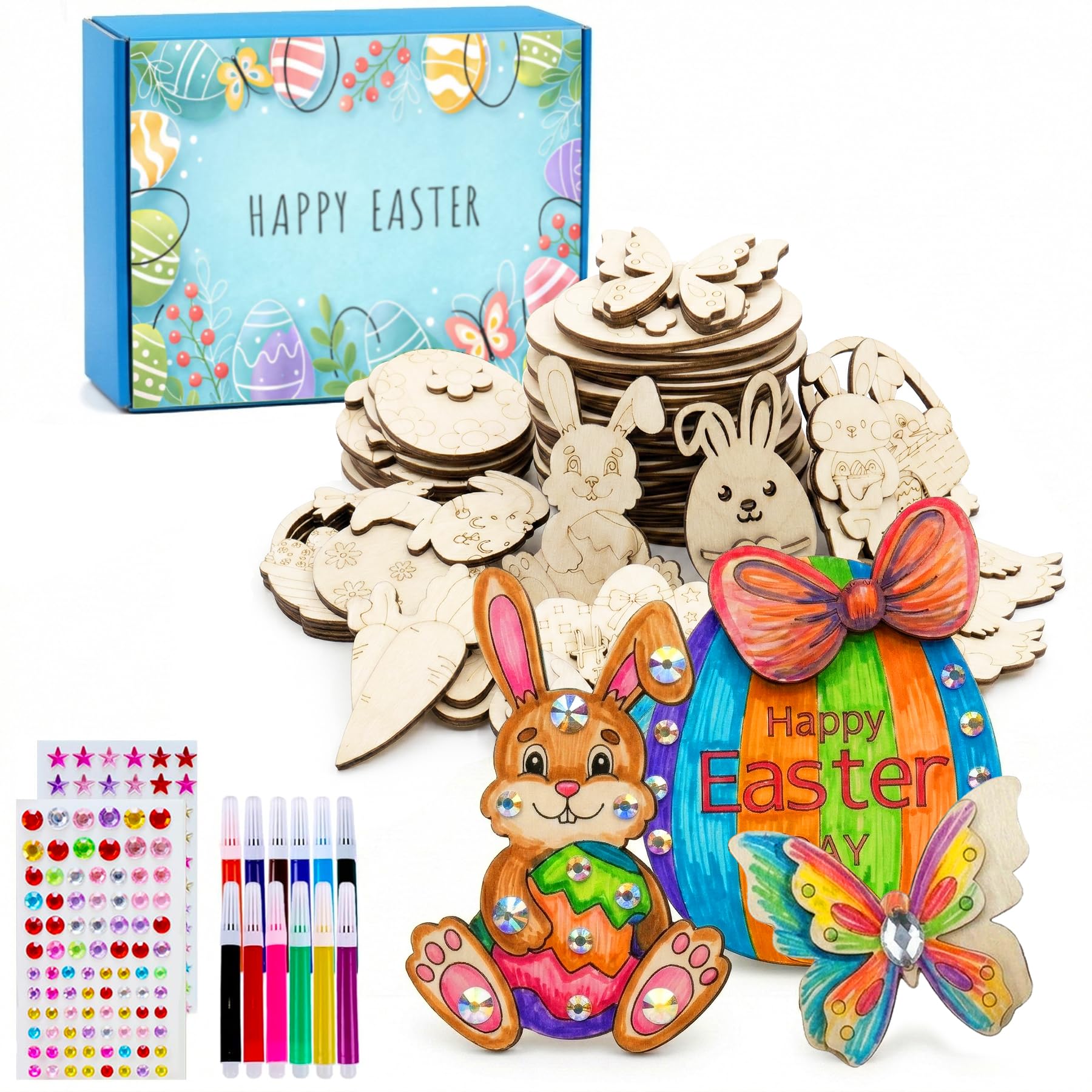 GoTilo Oster Bastelset Kinder aus Holz 24 Stück – Magnet Set zum Bemalen mit Malstiften, Osterdeko als Kühlschrankmagnet, Kreatives Basteln für Kindergarten & Familie