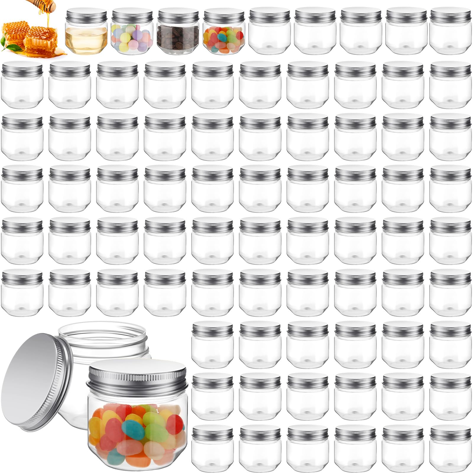 Maxcheck 105 Pcs 3 oz Wide Mouth Mason Jars Clear Plastic Jars with Lids Mini Storage Containers Bulk for Herb Jelly Wedding Favors Shower Party