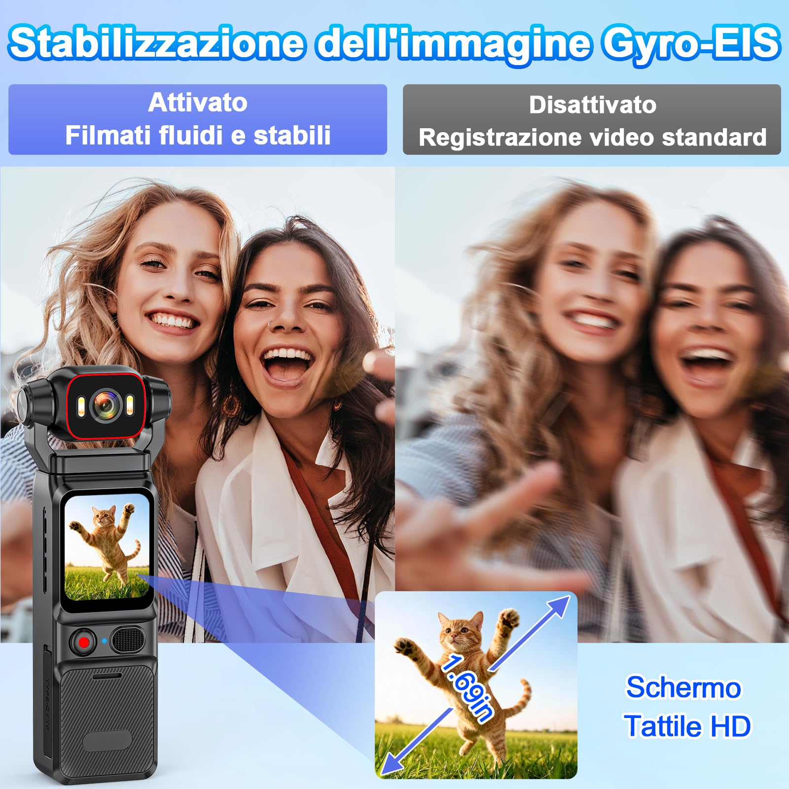 Action Cam 4K WiFi 160° Grandangolo 6 Assi, per Vlog e Viaggi | 5h batteria, 3000mAh, 256GB SD, obiettivo orientabile, LED integrato