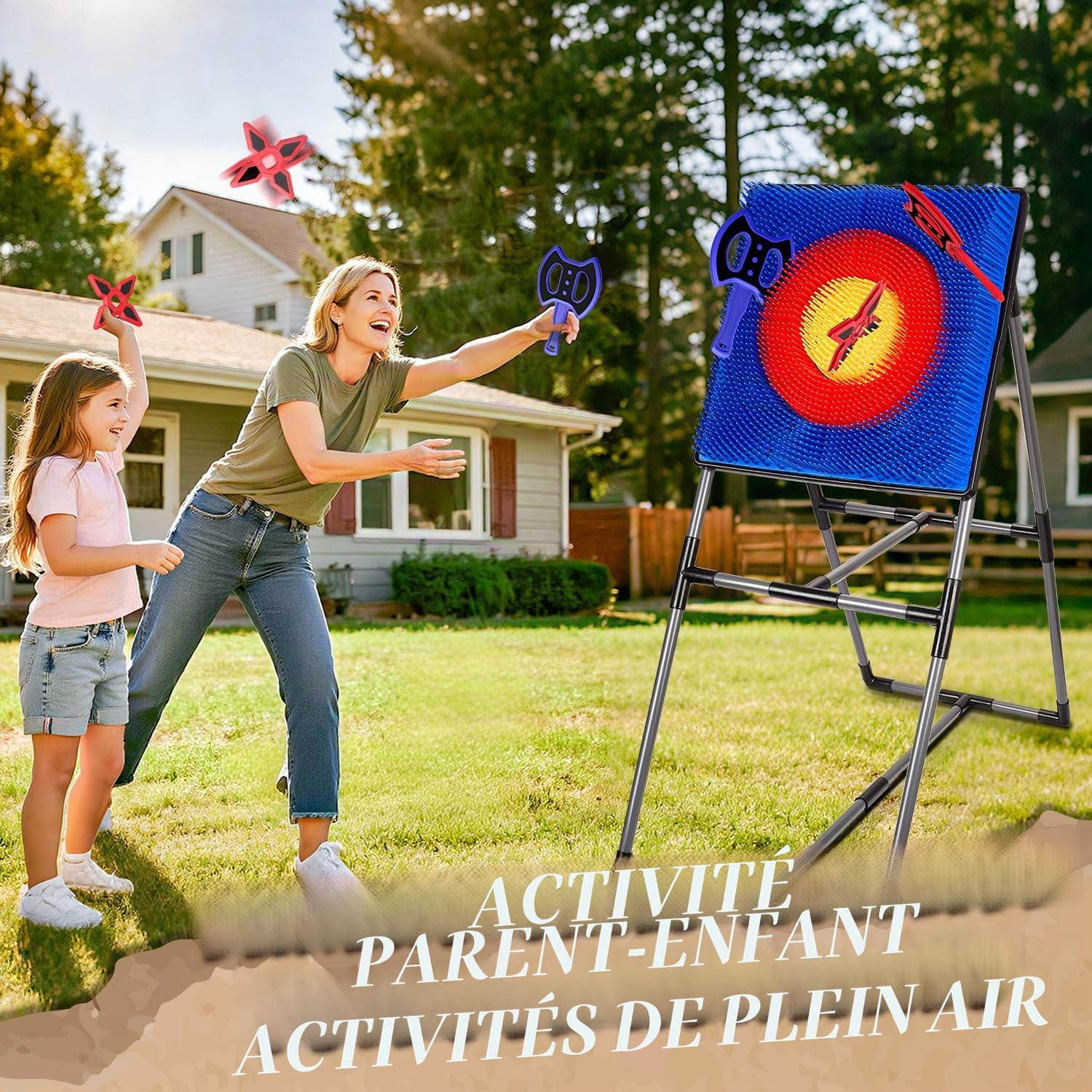 POPERFUN Jeu de Lancer de Hache avec 6 fléchettes, 6 haches, Jouets intérieurs et extérieurs, Jeux de Jardin, Cadeaux d'anniversaire et de Noël pour Enfants.