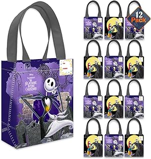 Nightmare Before Christmas Party Favor Bags for Kids 12 Pack Bundle | Mini 8" Jack Skellington Party Goodie Bags, Bulk Reusable Tote Canvas Gift - NBC Halloween Trick or Treat Bags