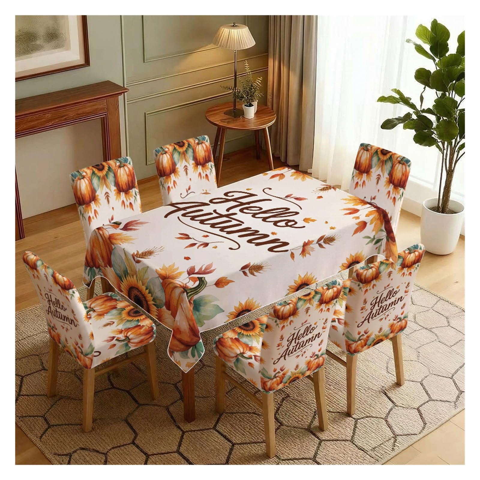 BOSUYBN Stretch Dining Chair Slipcovers And Tablecloth Set, Hello Autumn Pumpkin Sunflower Print, 5/7 Pack For Dining Room Kitchen Fall Home Decor Table Setting(7pcs Set: Tablecloth+Chair Covers)