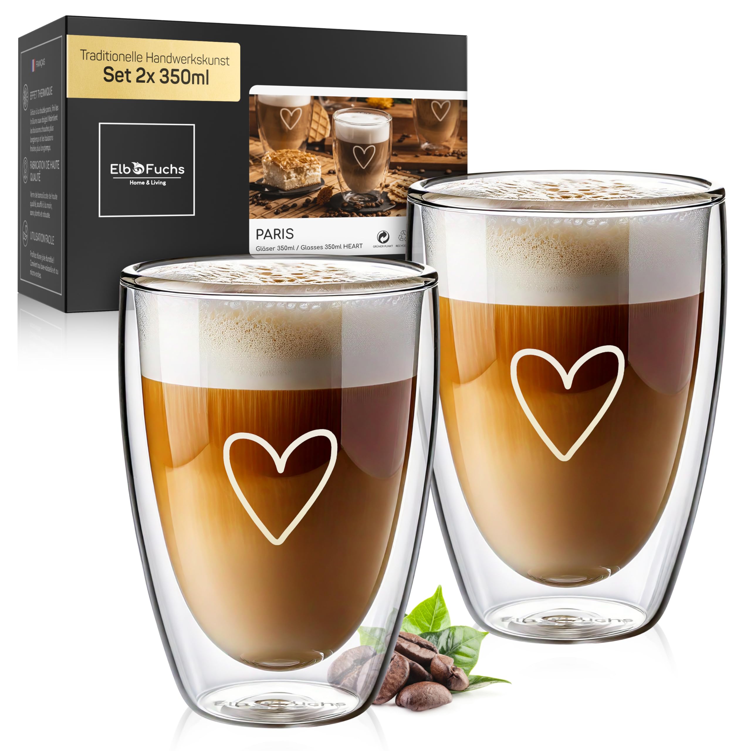 Bicchieri In Vetro A Doppia Parete 350ml Con Cucchiai - Set Da 2 Per Latte Macchiato, Cappuccino, Gelato E Cocktail - Regalo Perfetto Per Lei - 2