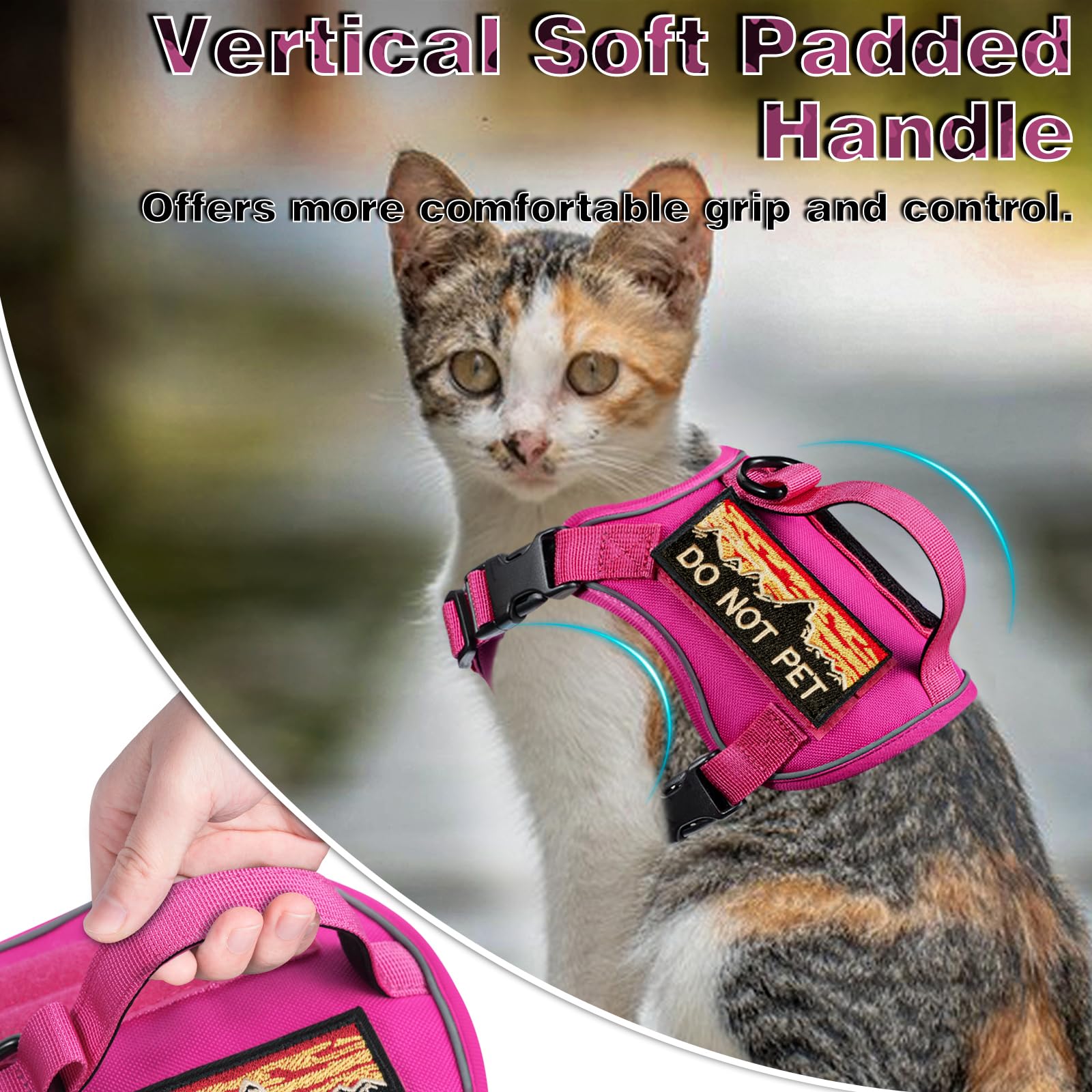 Harnais tactique réglable anti-fugue pour chat de grande taille, respirant, facile à contrôler, avec poignée, patchs Molle (rose + laisse, L)