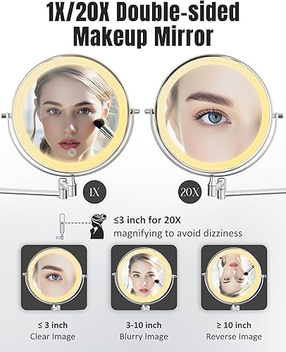 Miniatura 2 de Espejo de maquillaje montado en la pared con luz, 20X1 x 8 pulgadas, espejo de tocador iluminado de doble cara con aumento LED de aumento de 3
