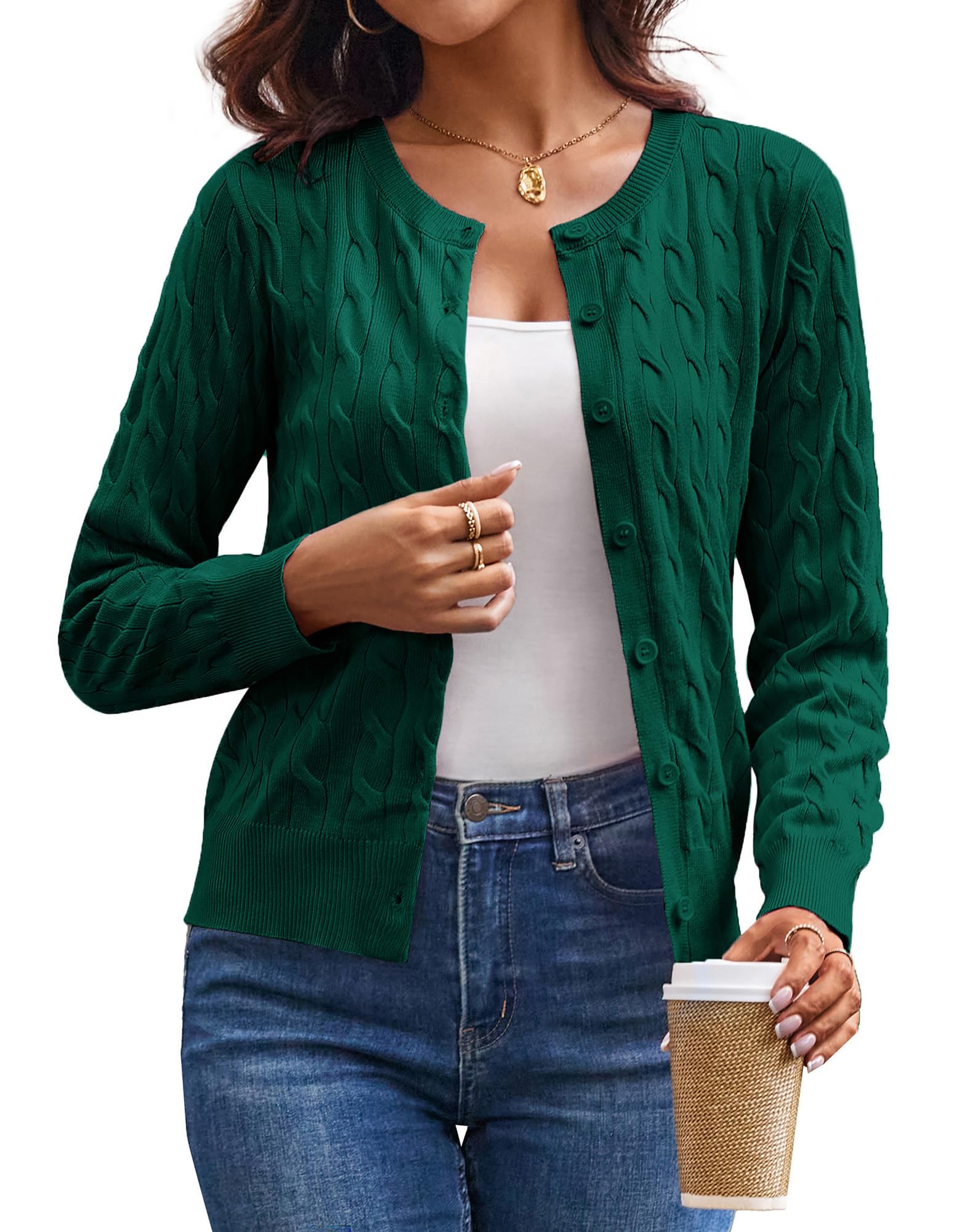 GRACE KARIN Womens Long Sleeve Button Up Cable Knit Cardigan Lightweight 2025 Crewneck Button Down Sweaters for Women