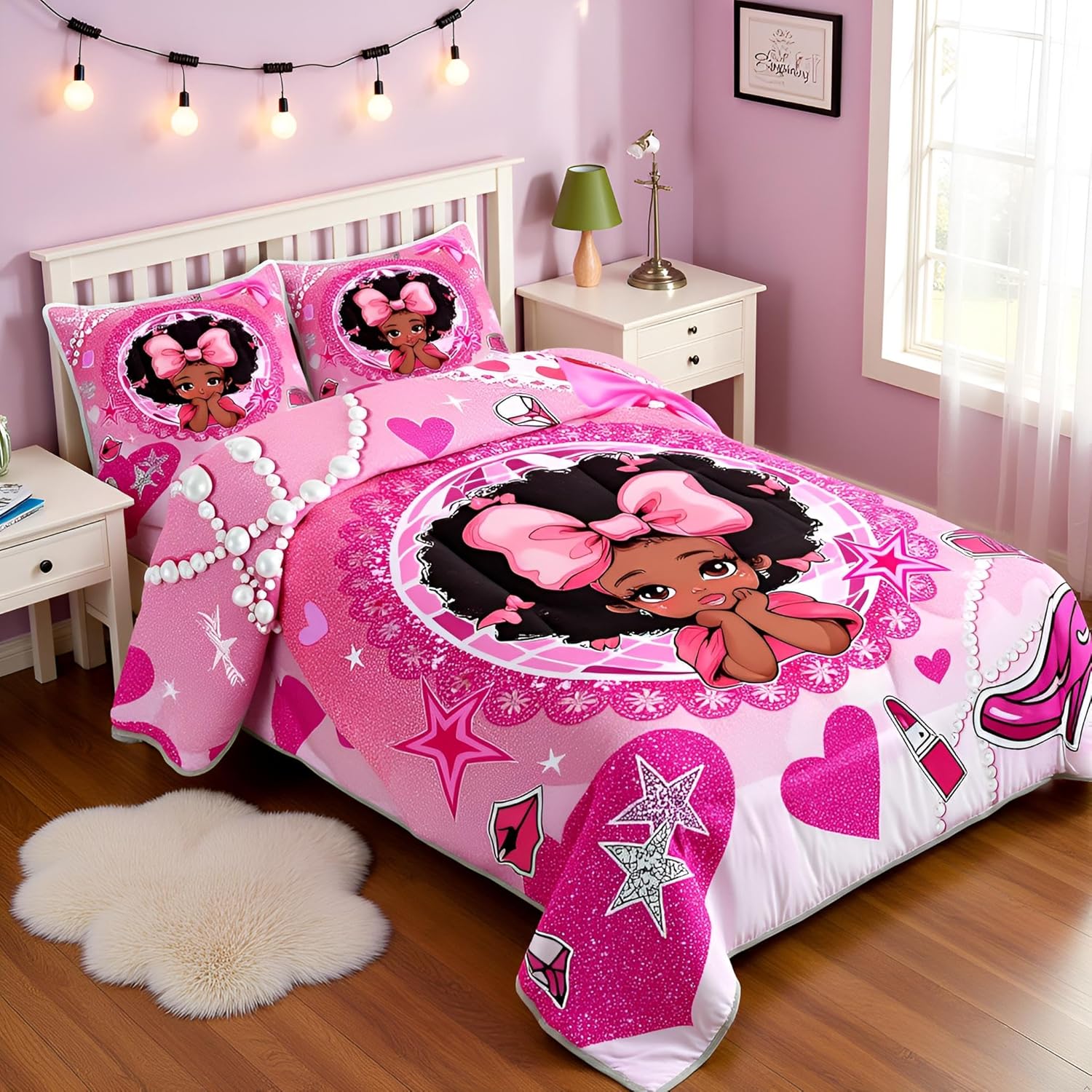 Manfei Black Princess Girly Comforter Set Full Size,High-Heeled Shoes Lip Bowknot Diamond Bedding Set,Girls Women Room Decor,African American Girls Down Comforter,Pink Cute Duvet Insert,2 Pillowcases - Image 2