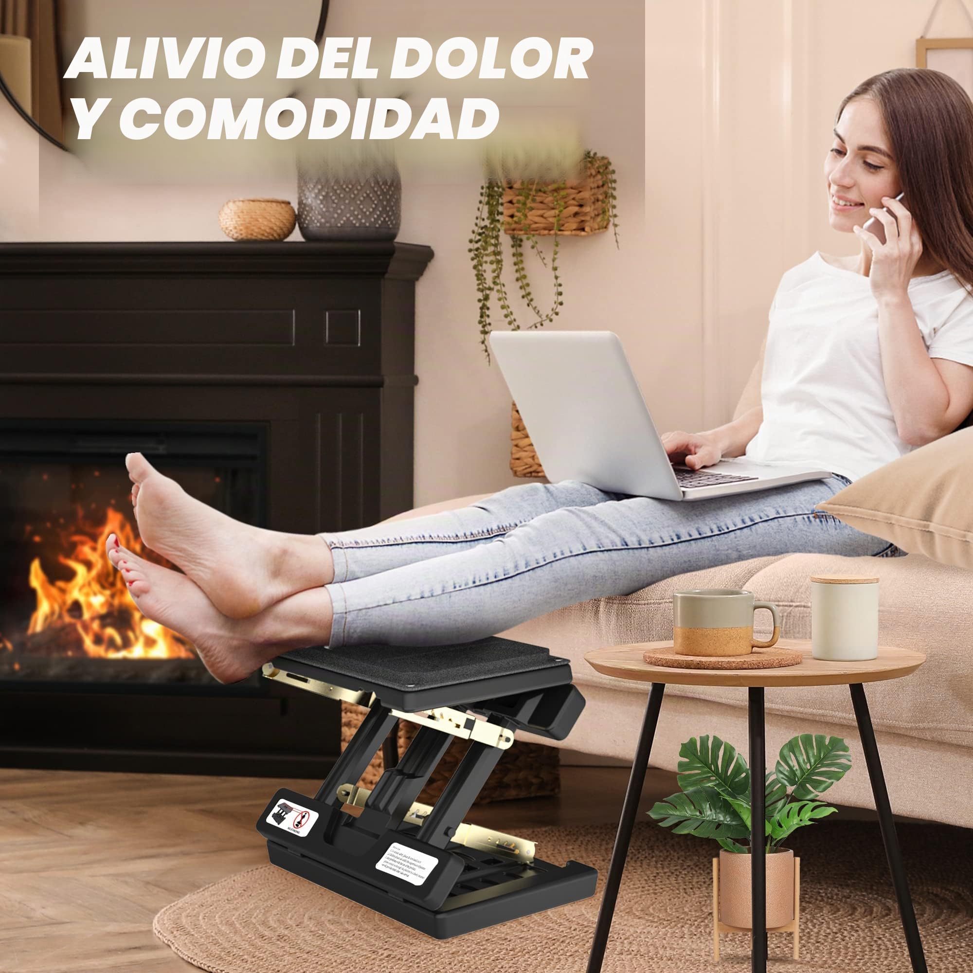 Reposapiés Pro | Rodillo de masaje y cuentas | para coche, debajo del escritorio, hogar, tren | Ajuste de altura flexible | (negro)