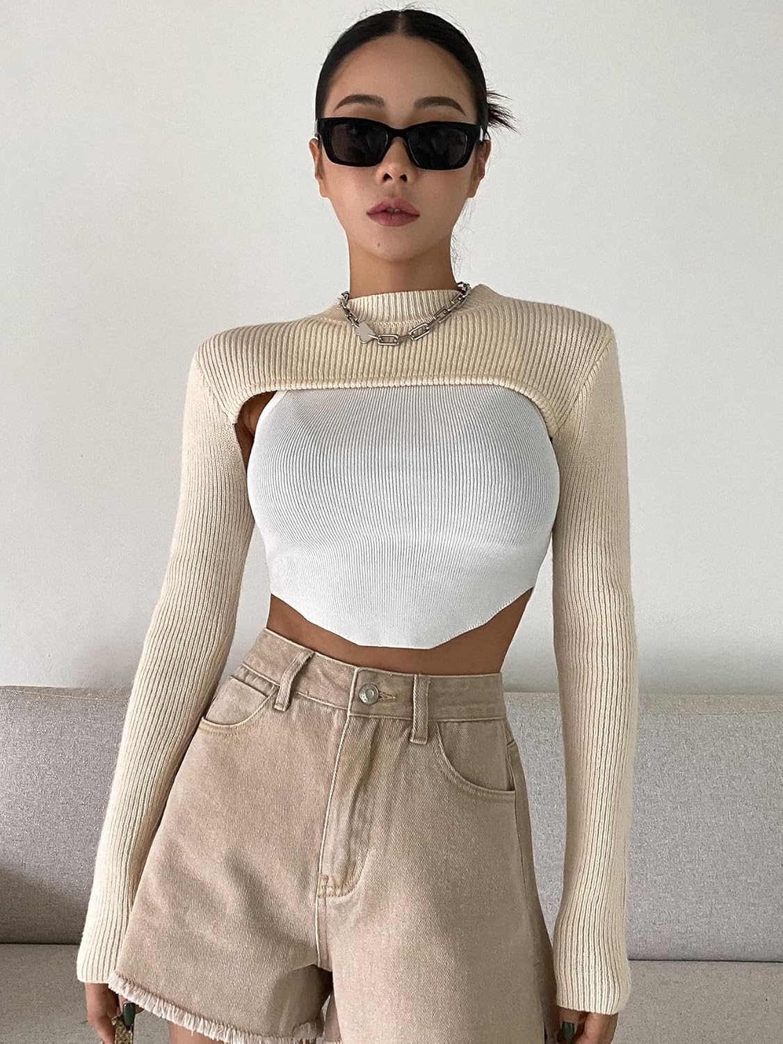 Women's Sweater 1pc Mock Neck Super Crop Sweater Sweater for Women (Color : Apricot, Size : Medium)