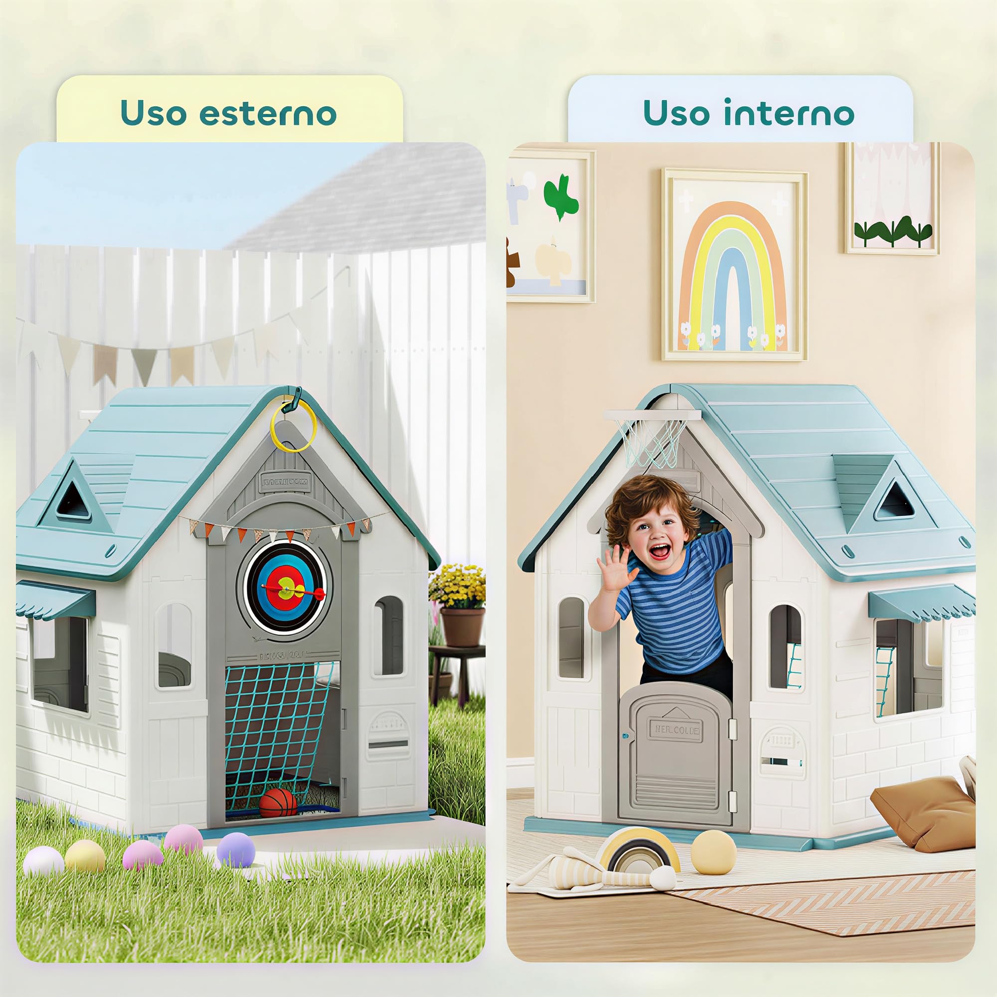 AIYAPLAY Casita Infantil Exterior e Interior 5 en 1, Casita Infantil de Jardín con Lanzamiento de Aros, Baloncesto, Fútbol, Dardos, Casa de Juegos para Niños de 2-5 Años, Beige