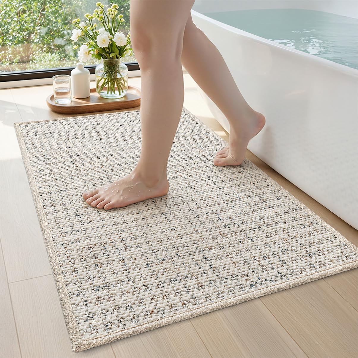 DEXI Bathroom Rugs 20x32, Ultra Thin Absorbent Bathmat Quick Dry, Non Slip Bath Mat with Rubber Backing, Extra Soft Bath Rugs for Shower Floor, Sink, Ivory