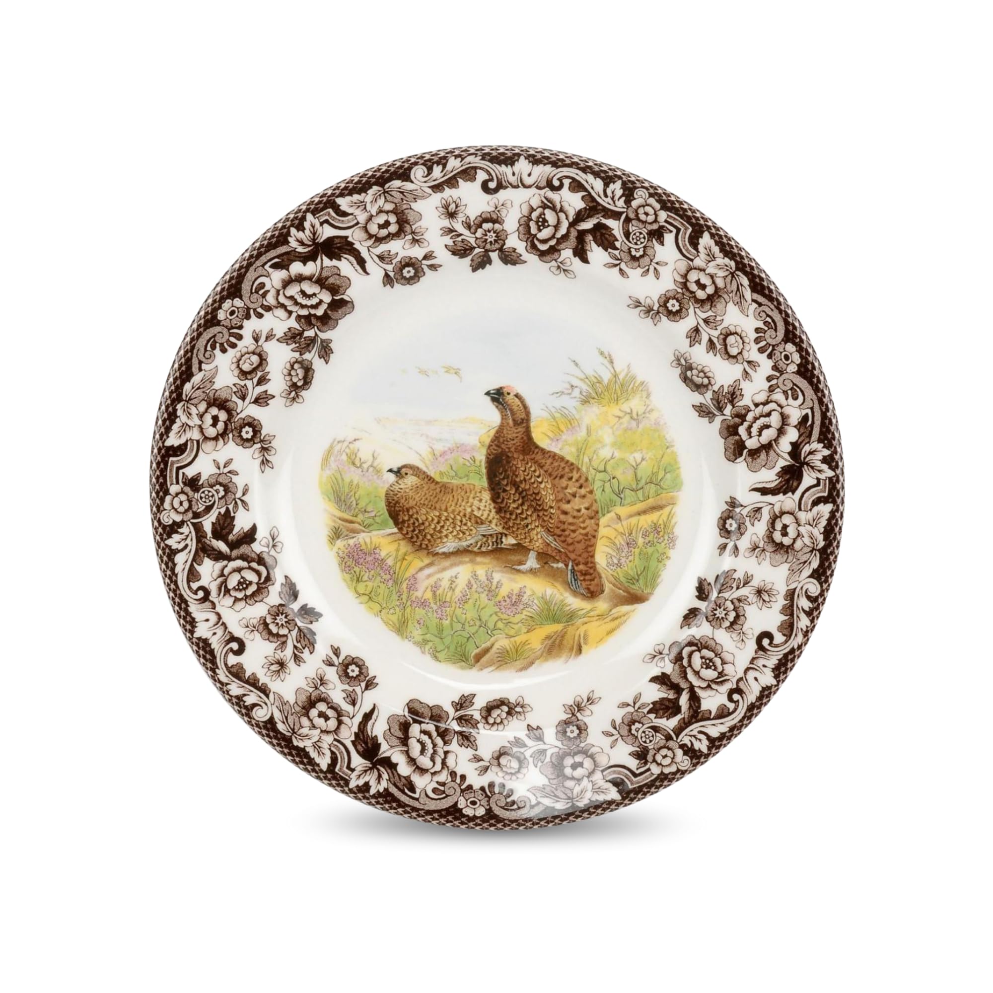 Woodland Red Grouse Salad Plate - 8" Fine Earthenware, British Flowers Border, Rustic Game Bird Design Made in England - Microwave, Dishwasher, Oven, Freezer Safe for Holiday Dining