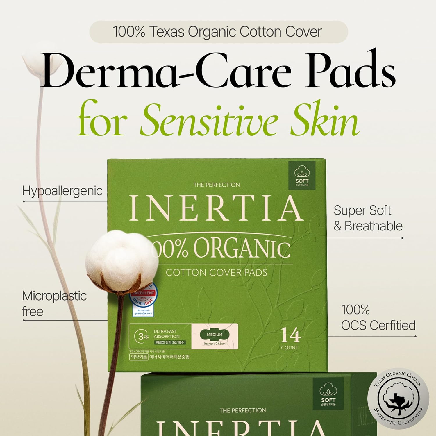 INERTIA The Perfection Green – 100% Organic Cotton Korean Pads with Wings | Heavy Absorbency | Ultra Fast Absorption & Breathable Bio-Film, Leak-Proof & Hypoallergenic Period Pads for Women (12 Count) - Image 2