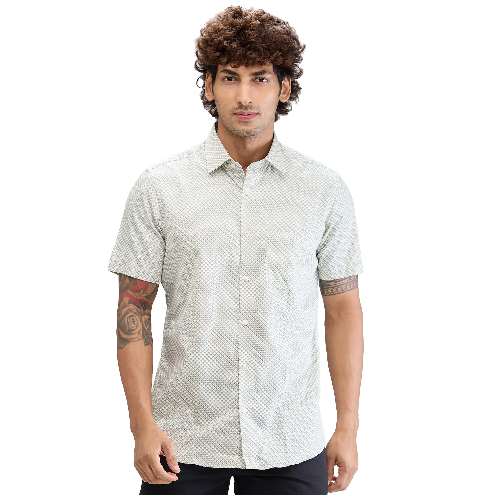 colorplus Men's Regular Fit Print Pattern Pure Cotton Plain Collar Half Sleeve Casual Shirt-picture-31