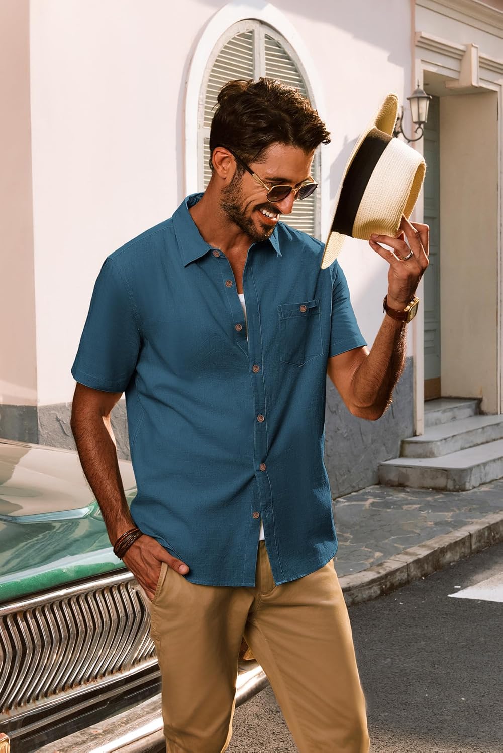 PJ PAUL JONES Mens Button Up Shirts Short Sleeve Untucked Shirts with Pocket for Summer Beach Vacation - Image 3