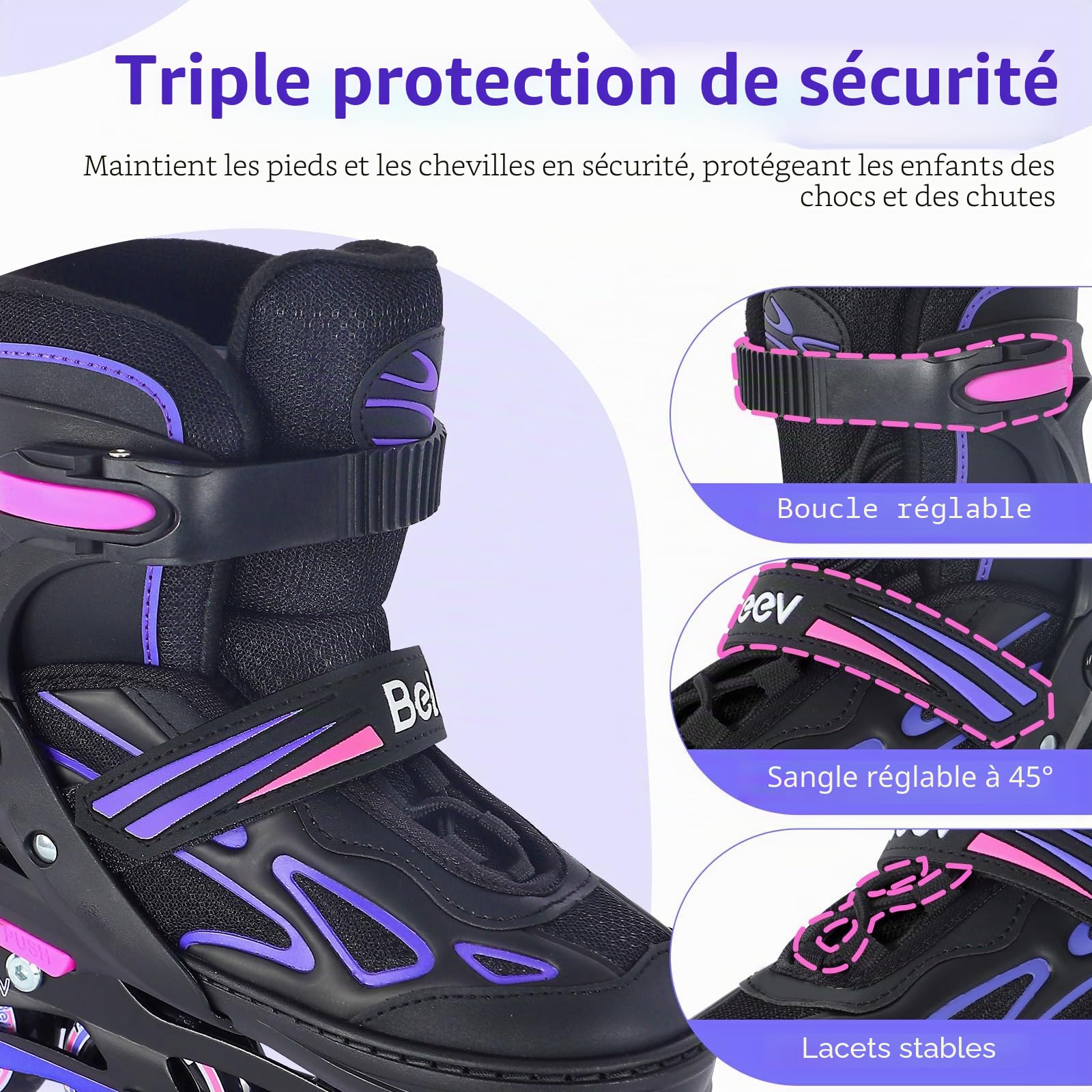 Patins à roulettes Enfant BELEEV 4 Tailles Ajustables Lacets Roues LED Lumineuses Filles Garçons