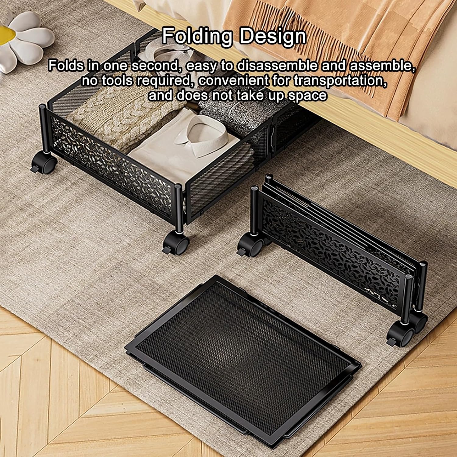 Foldable Under Bed Storage Containers with Wheels, Metal Mesh Underbed Storage Drawer, Rolling Clothes Storage Box, Shoe Organizer for Bedroom Living Room(Black)