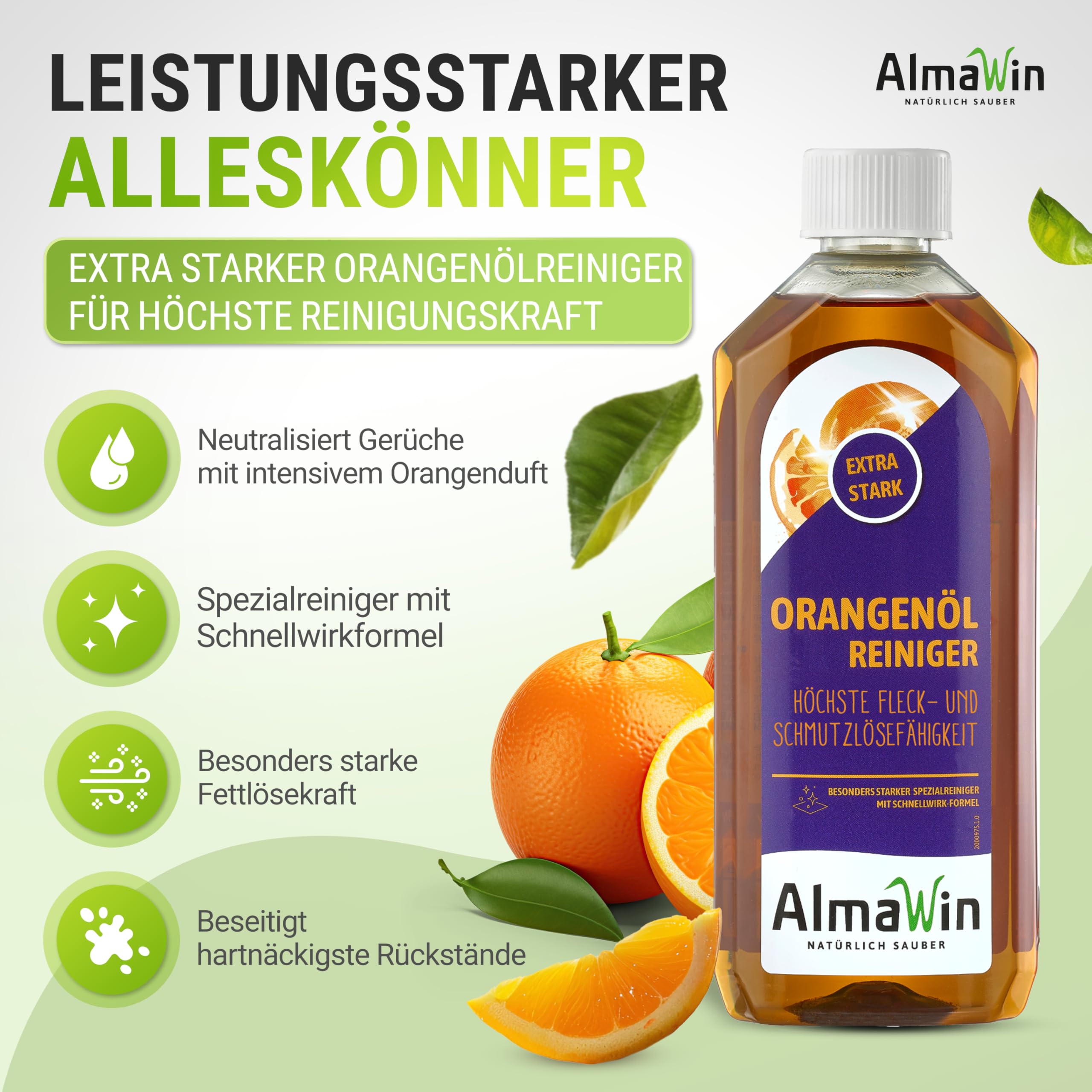 AlmaWin® Orangenöl Reiniger EXTRA STARK [6x 500ml] ideal als starker Allesreiniger & Fettlöser - Veganes Orangenreiniger Konzentrat in recycelter Flasche - Besonders ergiebiger Orangenölreiniger
