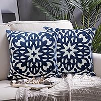 Alysheer Boho Mandala Embroidered Throw Pillow Covers 18x18 Set of 2, 100% Cotton Canvas Navy Blue for Sofa Bed Decor