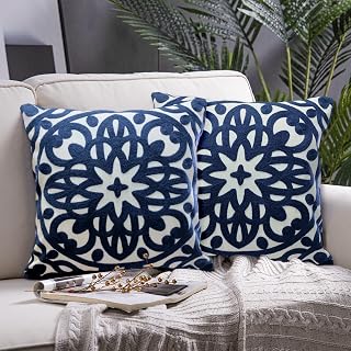 Alysheer Boho Mandala Embroidered Throw Pillow Covers 18x18 Set of 2, 100% Cotton Canvas Navy Blue for Sofa Bed Decor