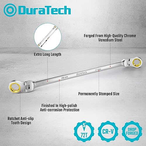Miniatura 4 de DURATECH Juego de llaves de trinquete extra largas antideslizantes de cabeza flexible, juego de llaves de extremo de caja doble, 6 piezas, métricas