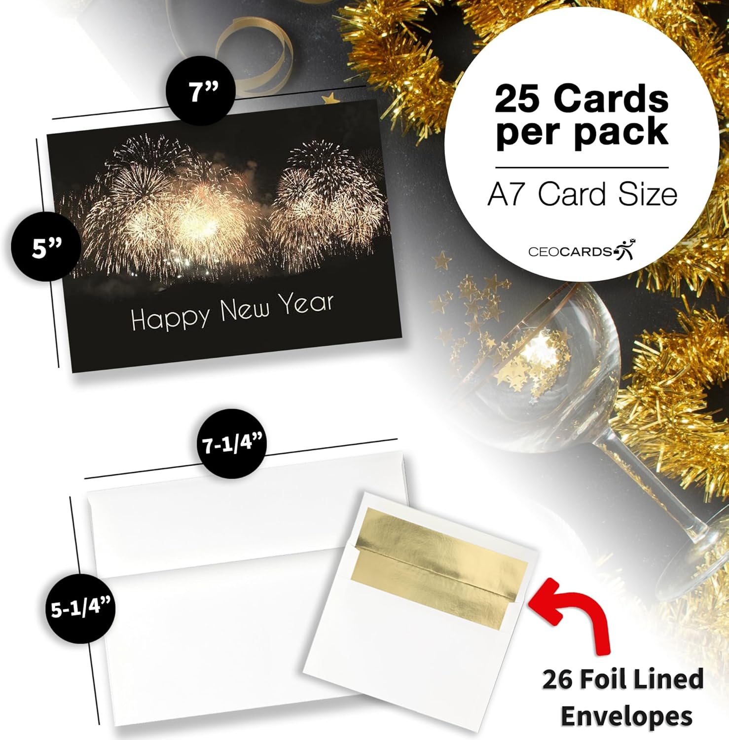 New Years Cards for Business & Family (Fireworks Burst) Bulk Greeting Card Set Pack of 25 Happy New Year Cards with Envelopes for 2026 (5x7 inch - A7) Great for Office, Work, Employees & Clients N1505