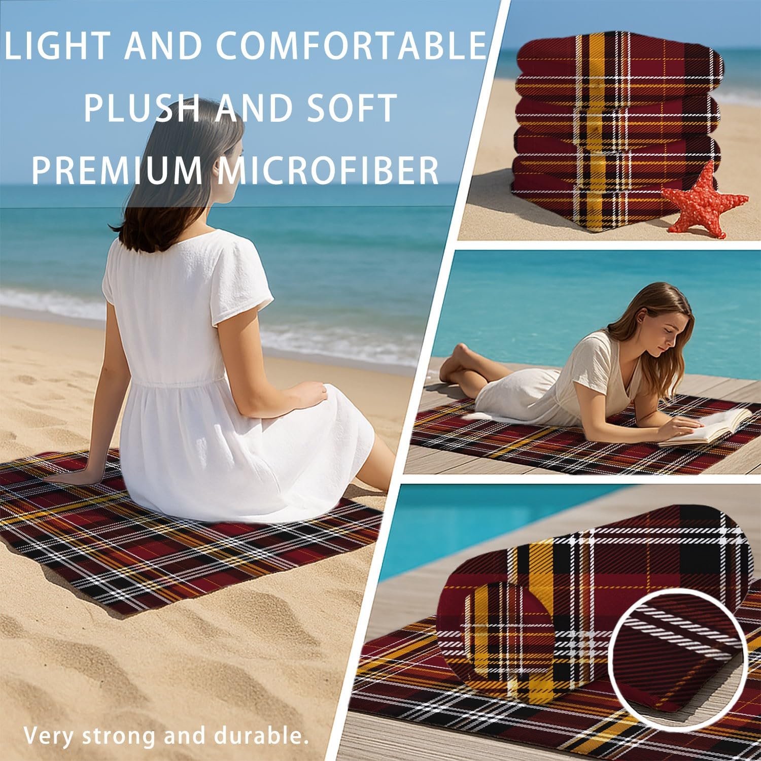 Générique Serviette de Plage Microfibre 200 x 100 CM,Drap de Plage Style Britannique, Campagne, Robuste, Couverture de Plage Absorbante,Couverture de Bain Ruban à Carreaux, Motif Tartan