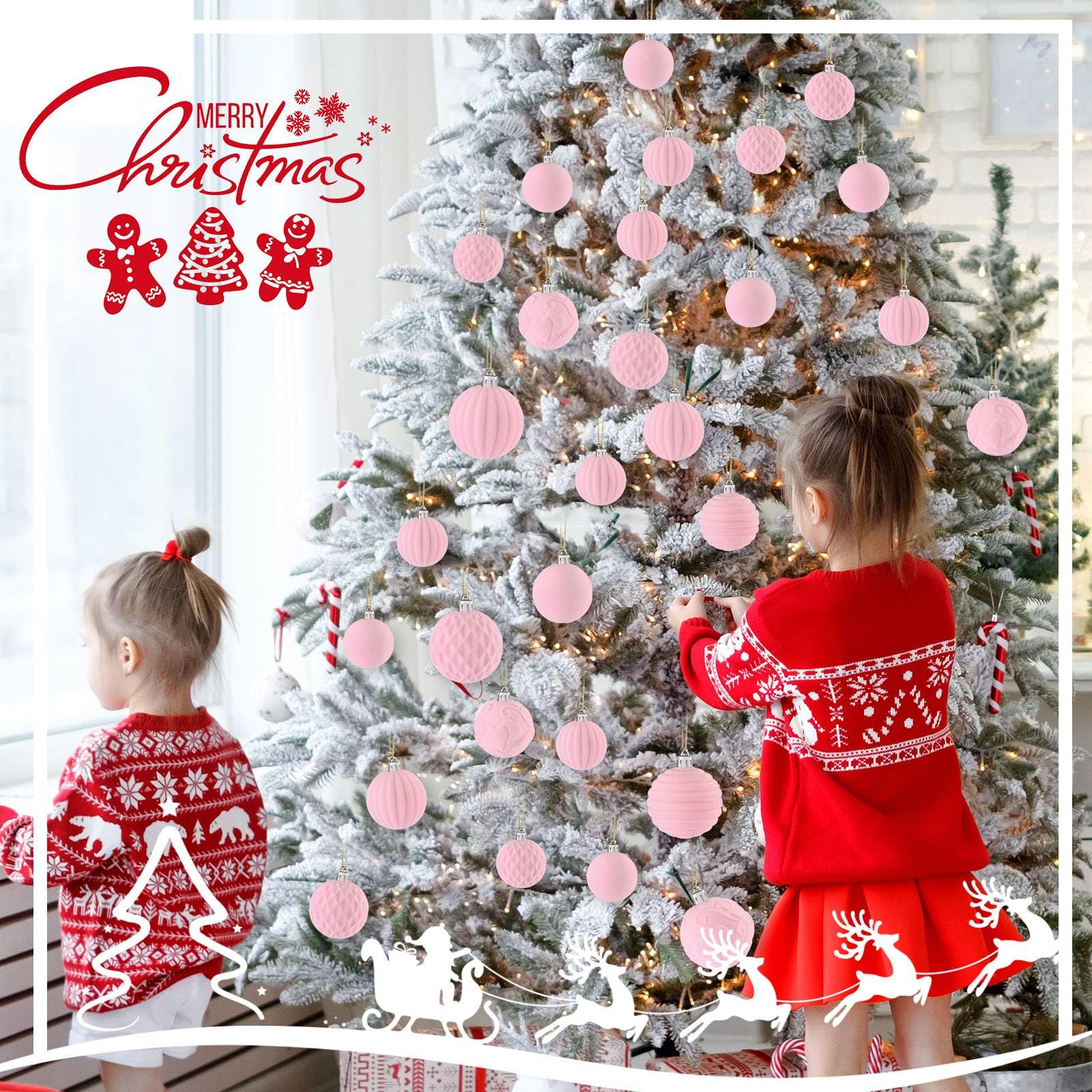 Hungdao Lot de 38 boules de Noël en velours floqué rose – 5 styles en 3 tailles – Décorations incassables à suspendre pour sapin de Noël