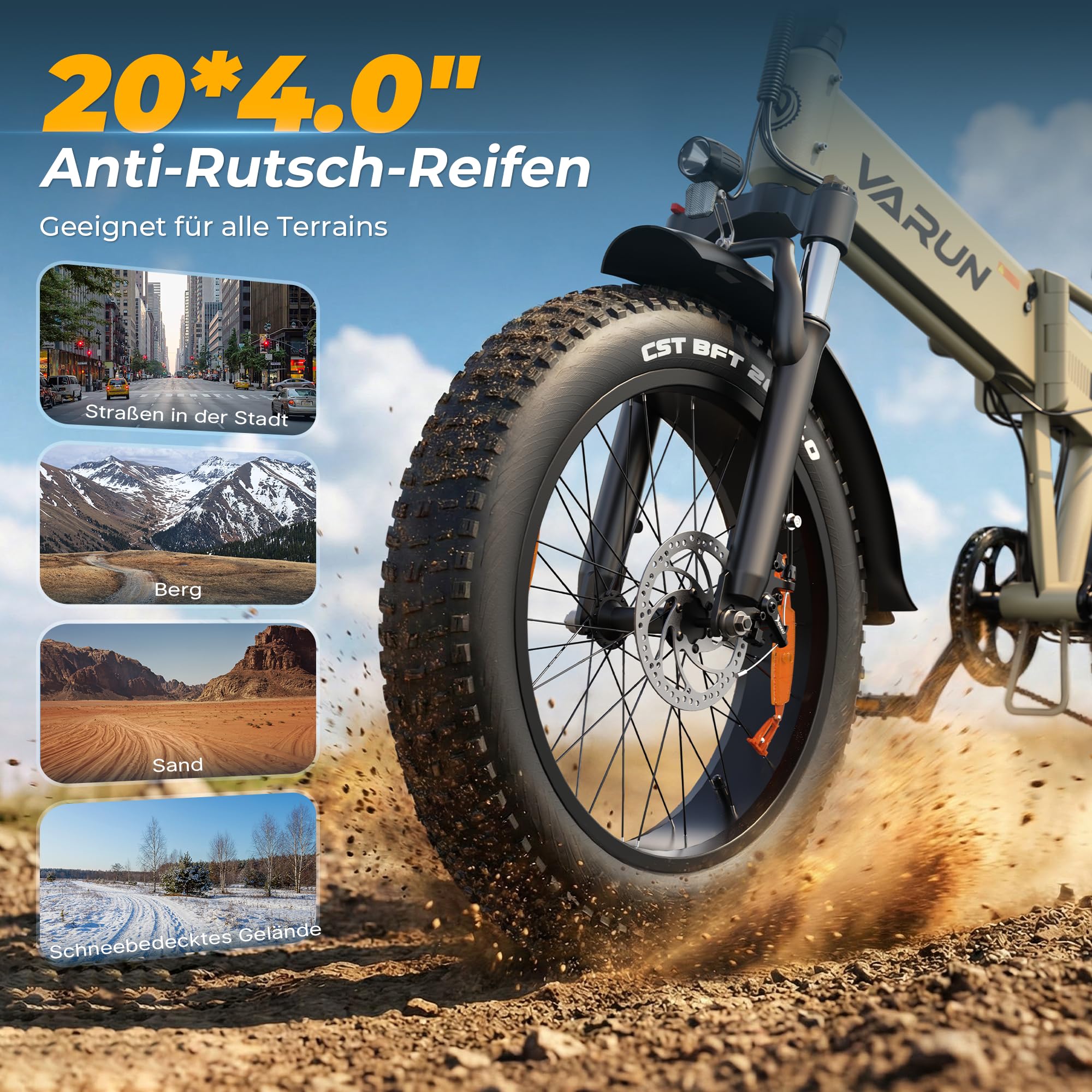 VARUN E Bike, 20 Zoll Elektrofahrräder mit 48V 13Ah (624Wh) Akku, bis 120KM Reichweite, 4.0 Fat tire Pedelec, StVZO, E-Bike Herren Damen mit 7-Gang für jedes Gelände, S20-1