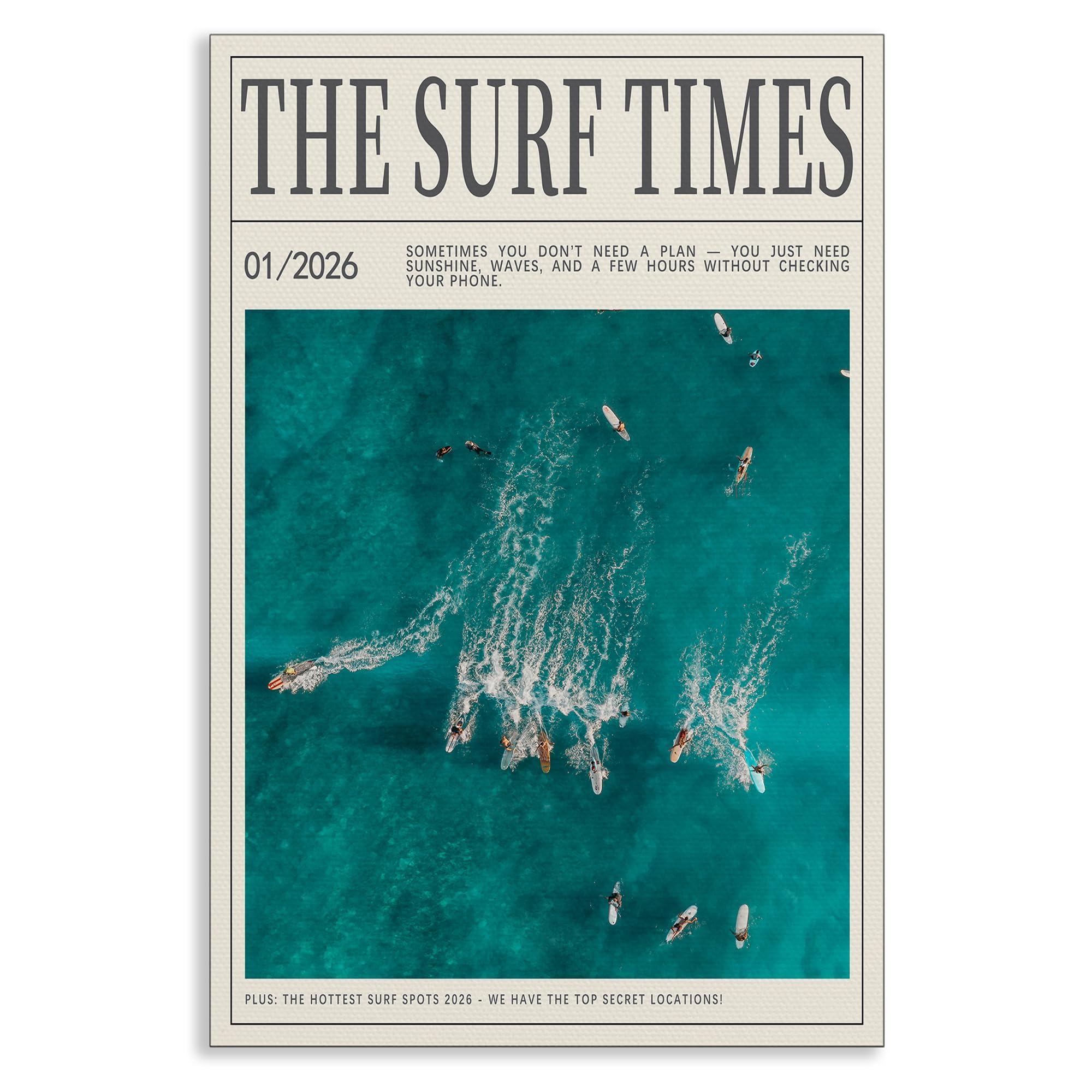 XMJJQQ The Surf Times Surfers Splashing Canvas Wall Art, Green Ocean Newspaper Surfing Poster, Summer Beach Picture Wall Decor, Coastal Beachy Lively Group Painting for Living Room 12x16in Unframed