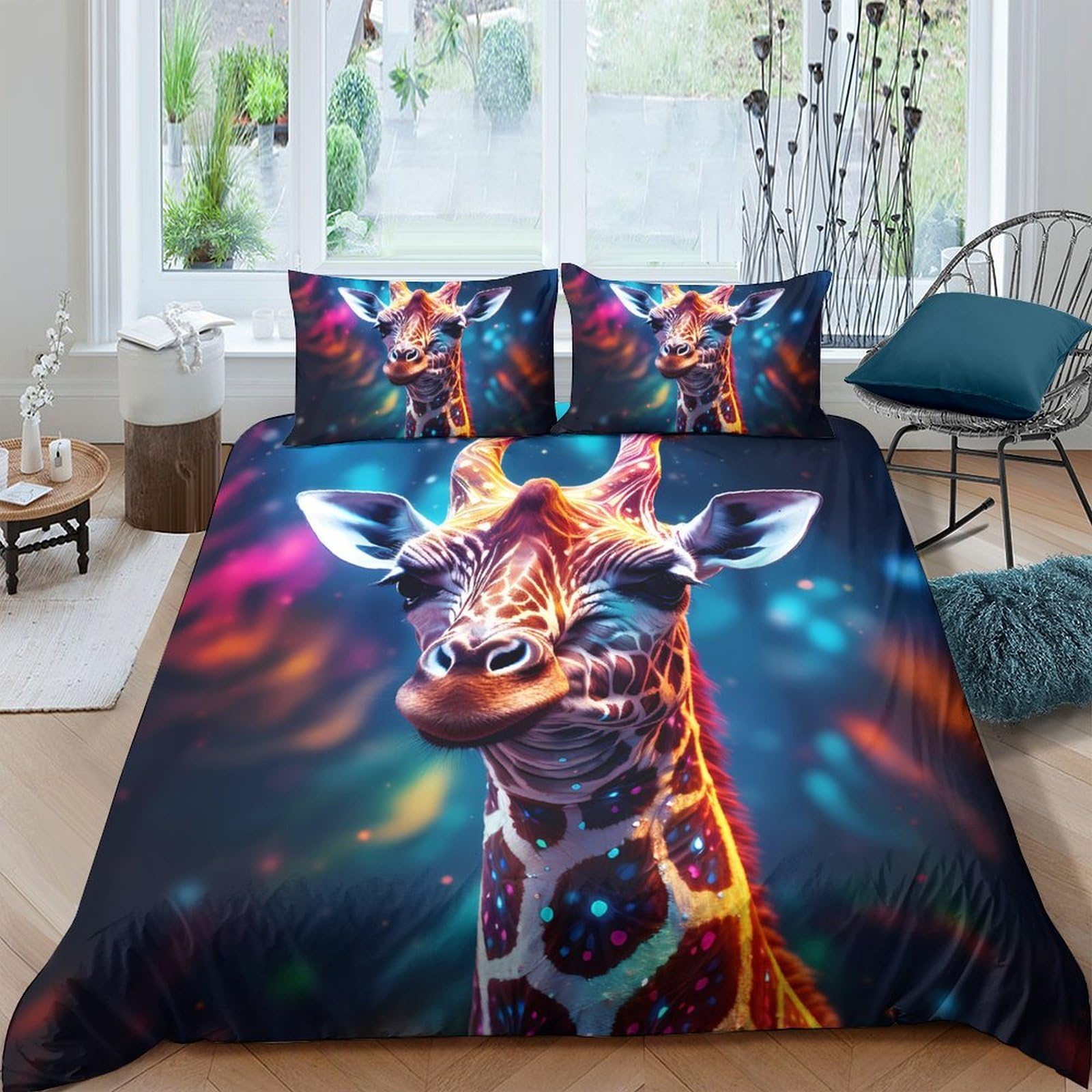 GPLZQXKJNH 3D Printed Colourful Giraffe Duvet Cover Microfiber Soft Breathable Abstract Animal Bedding Set with 2 Pillowcases for Bedroom Decor Single（135x200cm）